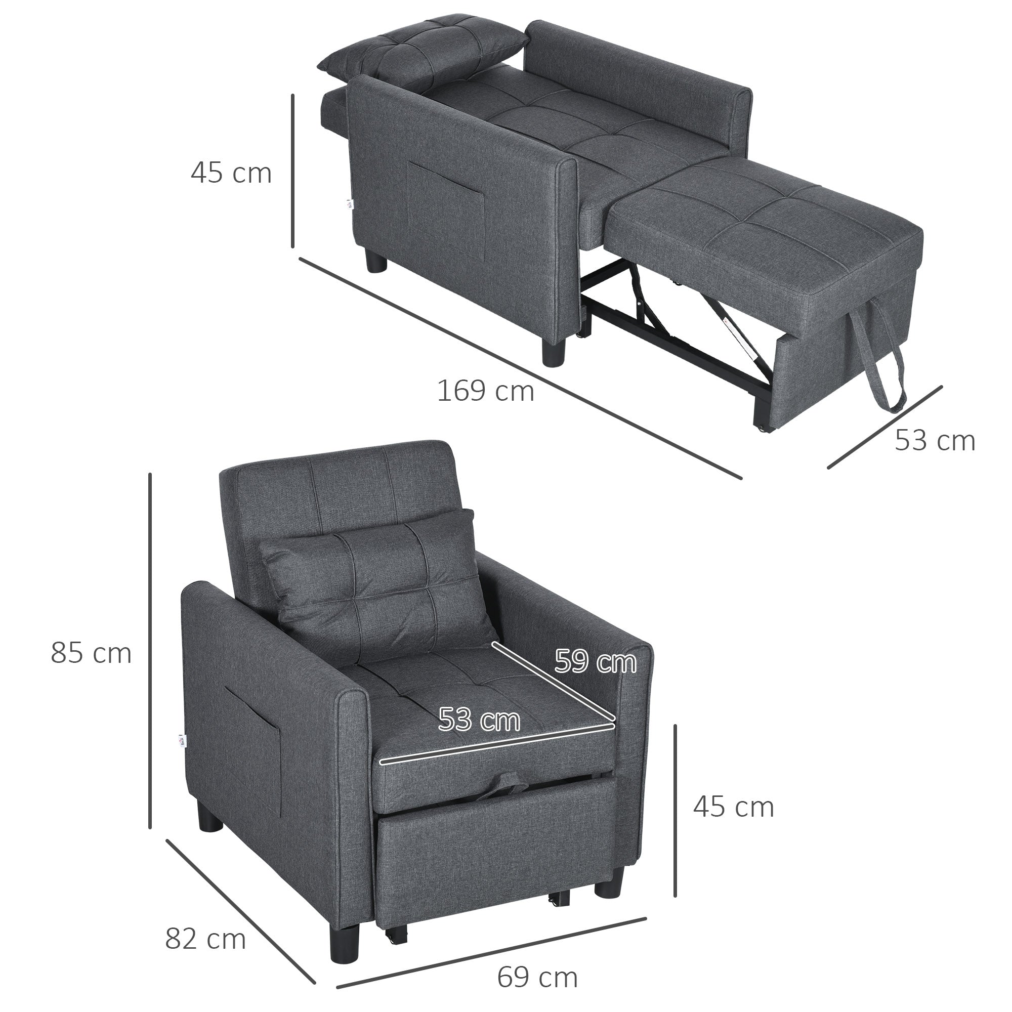 HOMCOM 3-In-1 Convertible Chair Bed, Pull Out Sleeper Chair with Adjustable Backrest, Side Pockets, Grey - North Peak Garden Furniture