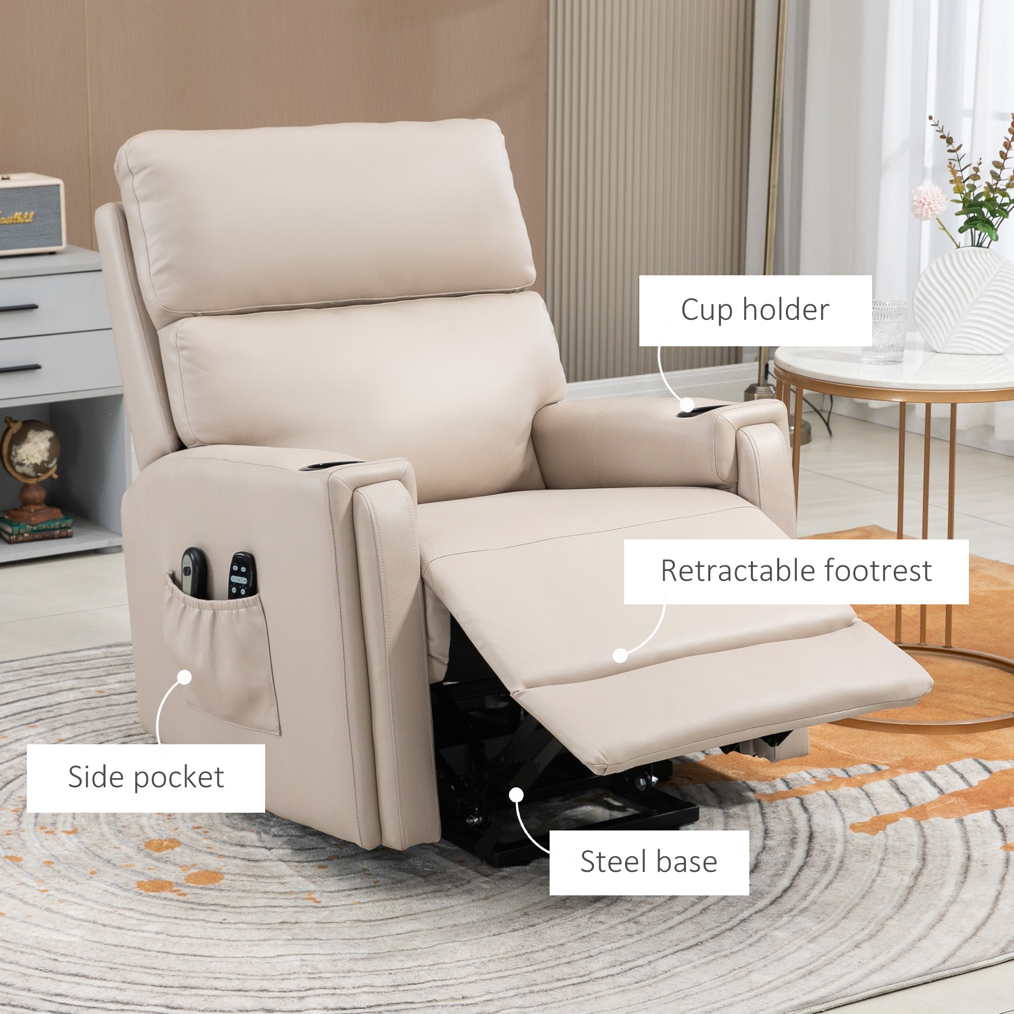 HOMCOM Electric Riser and Recliner Chair, with Massage and Heat - Beige - North Peak Garden Furniture