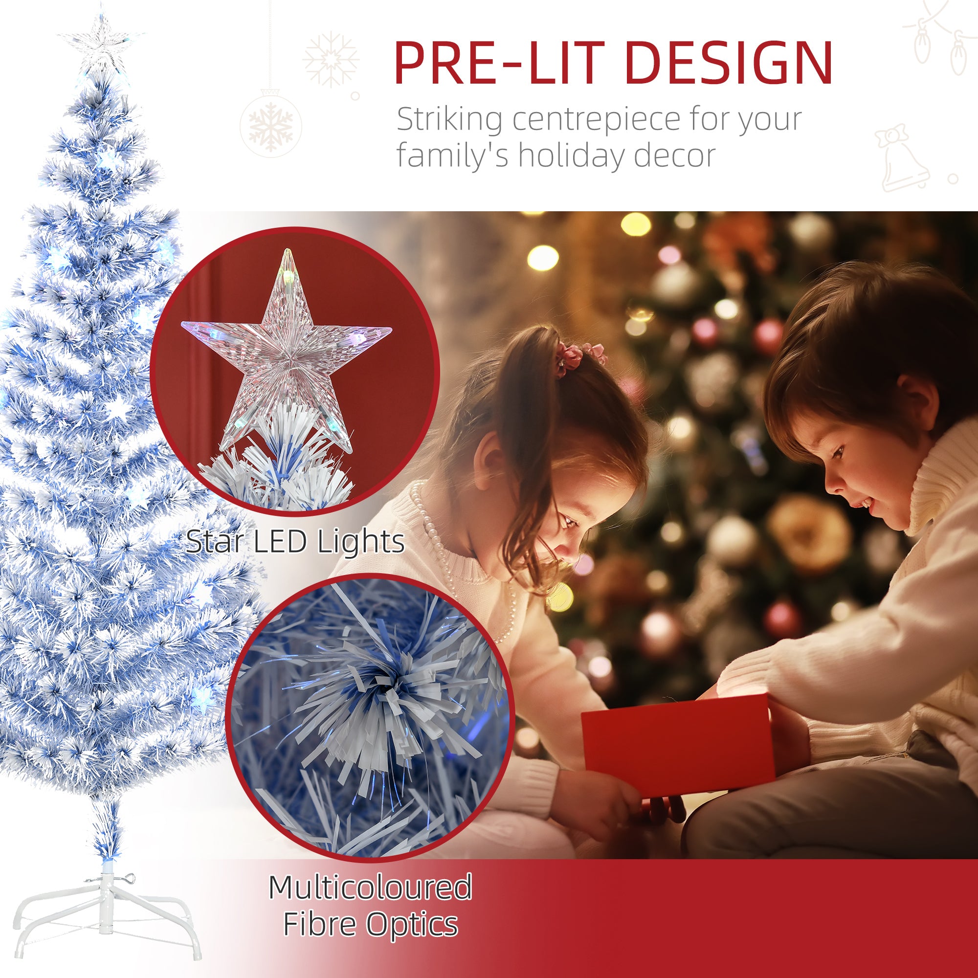HOMCOM 6FT Artificial Fibre Optic Christmas Tree Seasonal Decoration w/ LED Lights Pre-Lit Easy Store White Blue - North Peak Garden Furniture