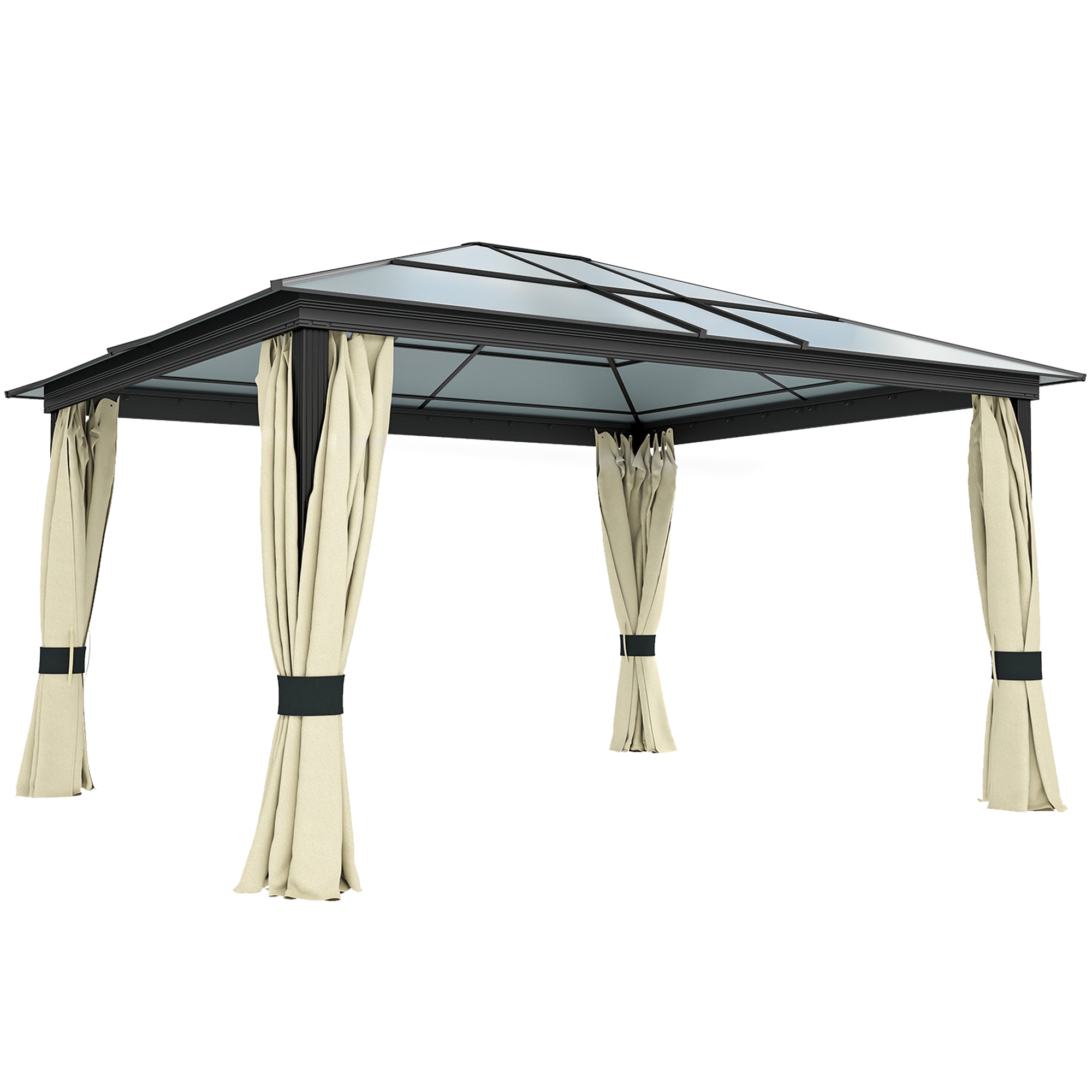 Outsunny 3.6 x 4m Hardtop Gazebo Canopy with Polycarbonate Roof and Aluminium Frame, Garden Pavilion with Mosquito Netting and Curtains