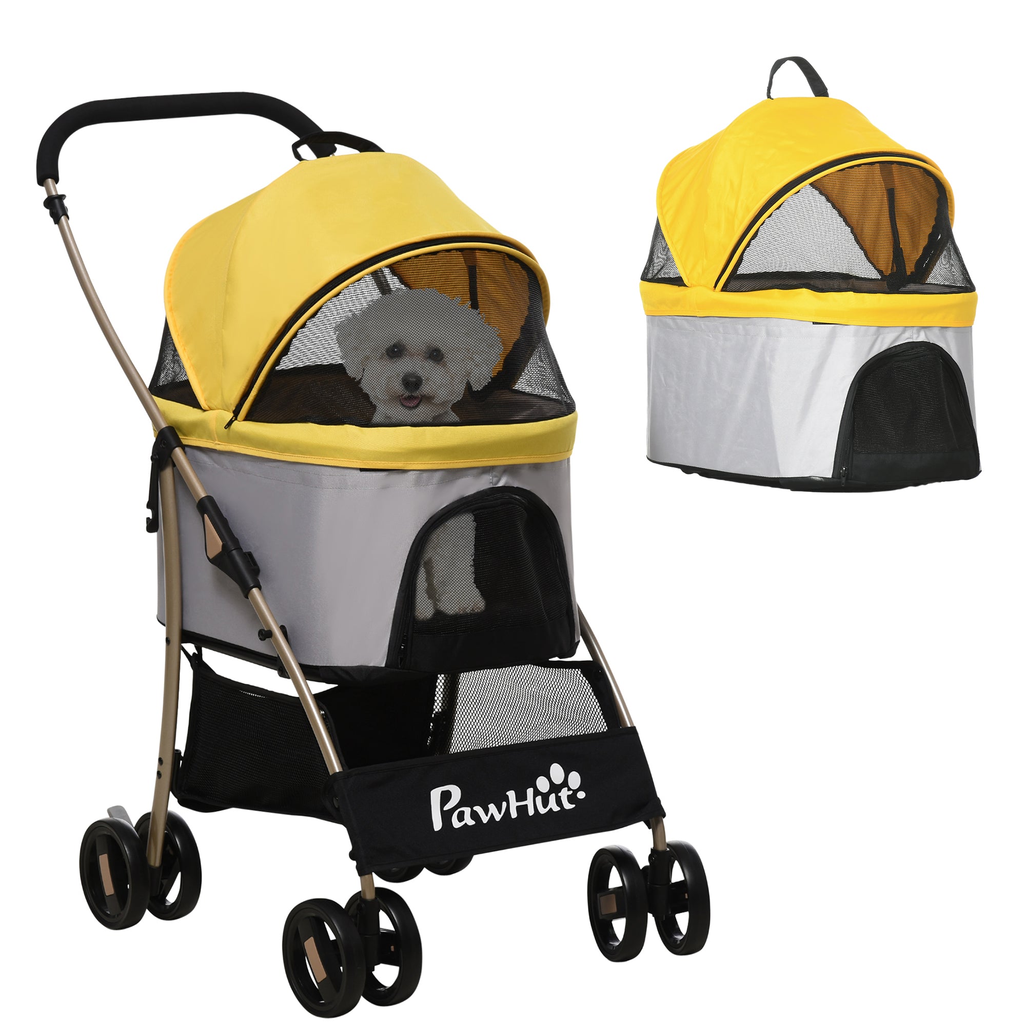 PawHut 3 In 1 Detachable Pet Stroller, for Extra Small and Small Dogs - Yellow - North Peak Garden Furniture