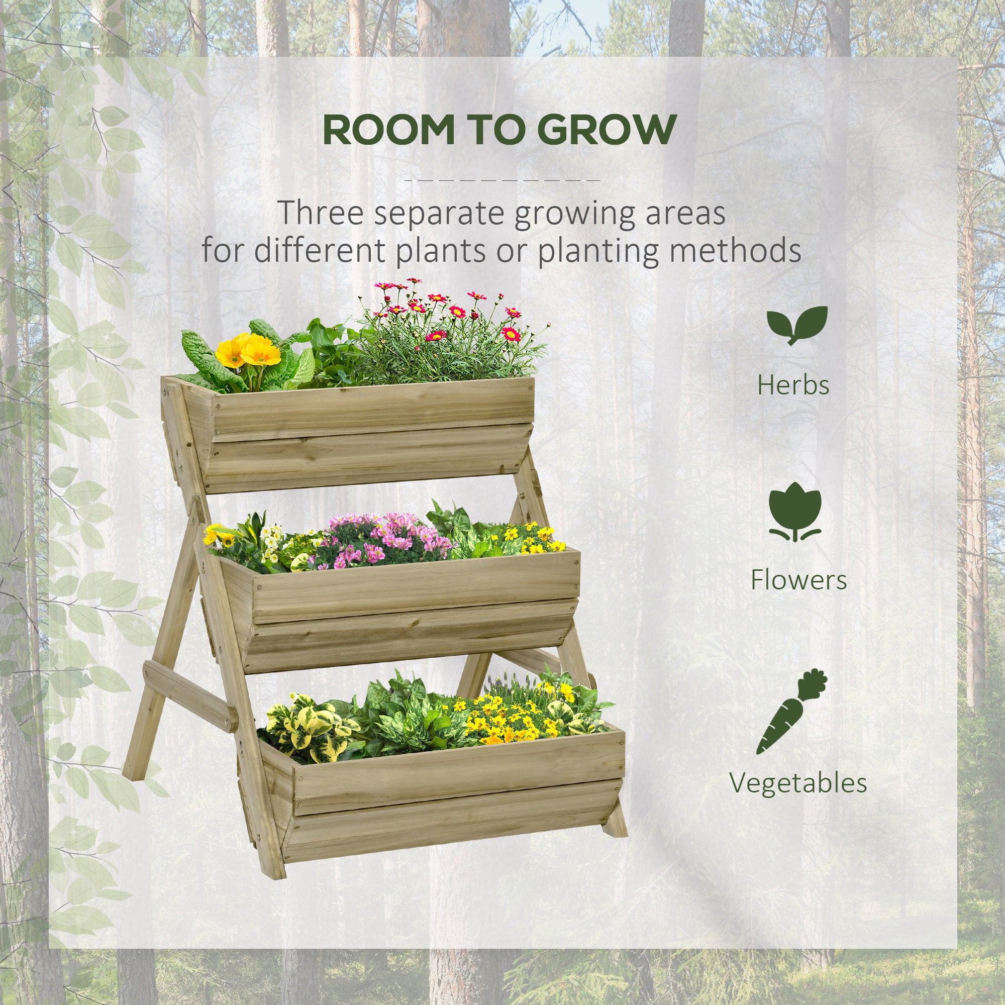 Outsunny 3 Tier Raised Garden Bed Wooden Elevated Planter Box Kit, 66L for Flower, Vegetable, Herb, 65x75x78cm, Green - North Peak Garden Furniture