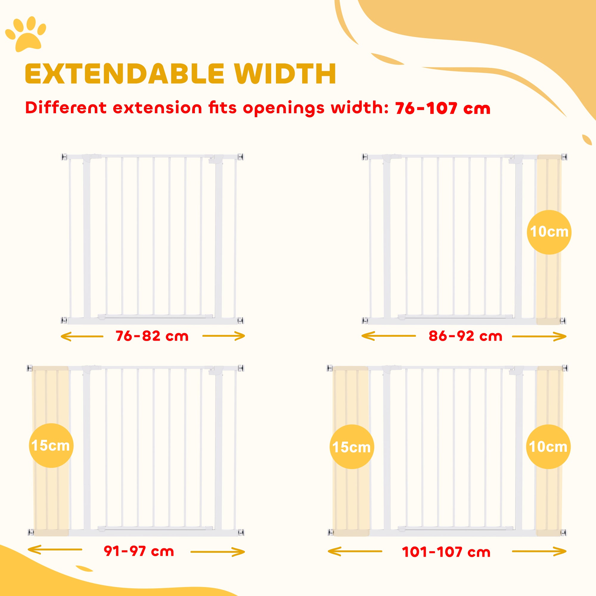 PawHut Dog Gate Pet Safety Gate Stair Barrier Pressure Fit Adjustable 76-82/86-97/101-107 cm, White - North Peak Garden Furniture