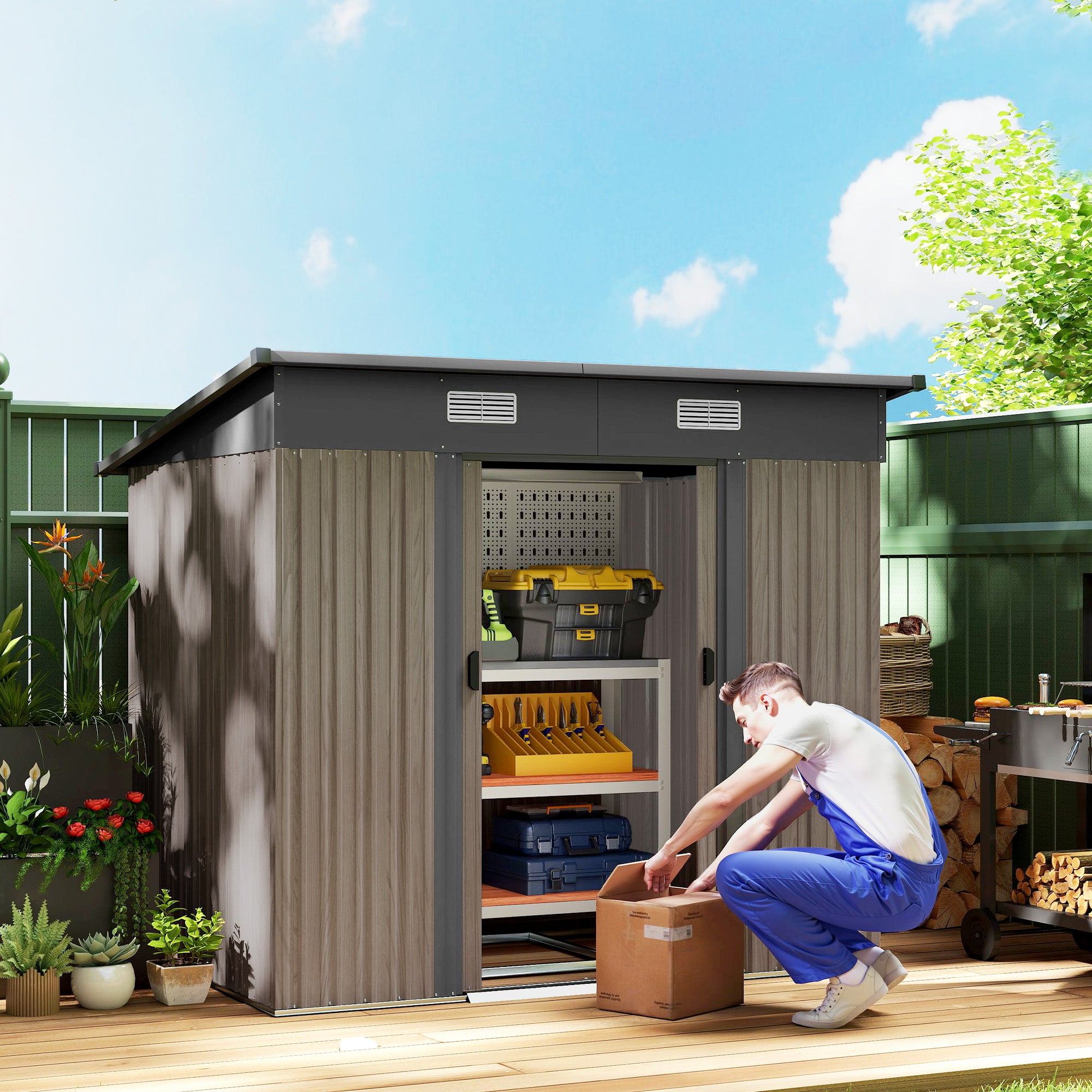 Outsunny Outdoor Garden Storage Shed - Grey Wood Grain - North Peak Garden Furniture