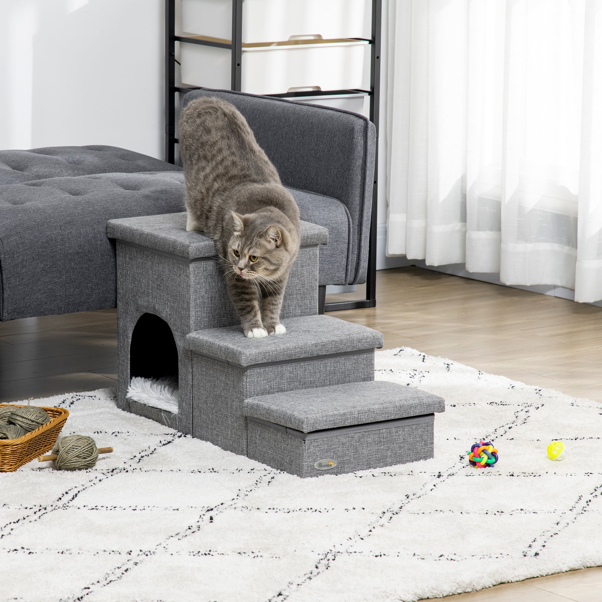 PawHut Dog Steps 3-step Pet Stairs with Kitten House and 2 Storage Boxes, 3 in 1 Dog Ramp for Sofa with Washable Plush Cushion - North Peak Garden Furniture
