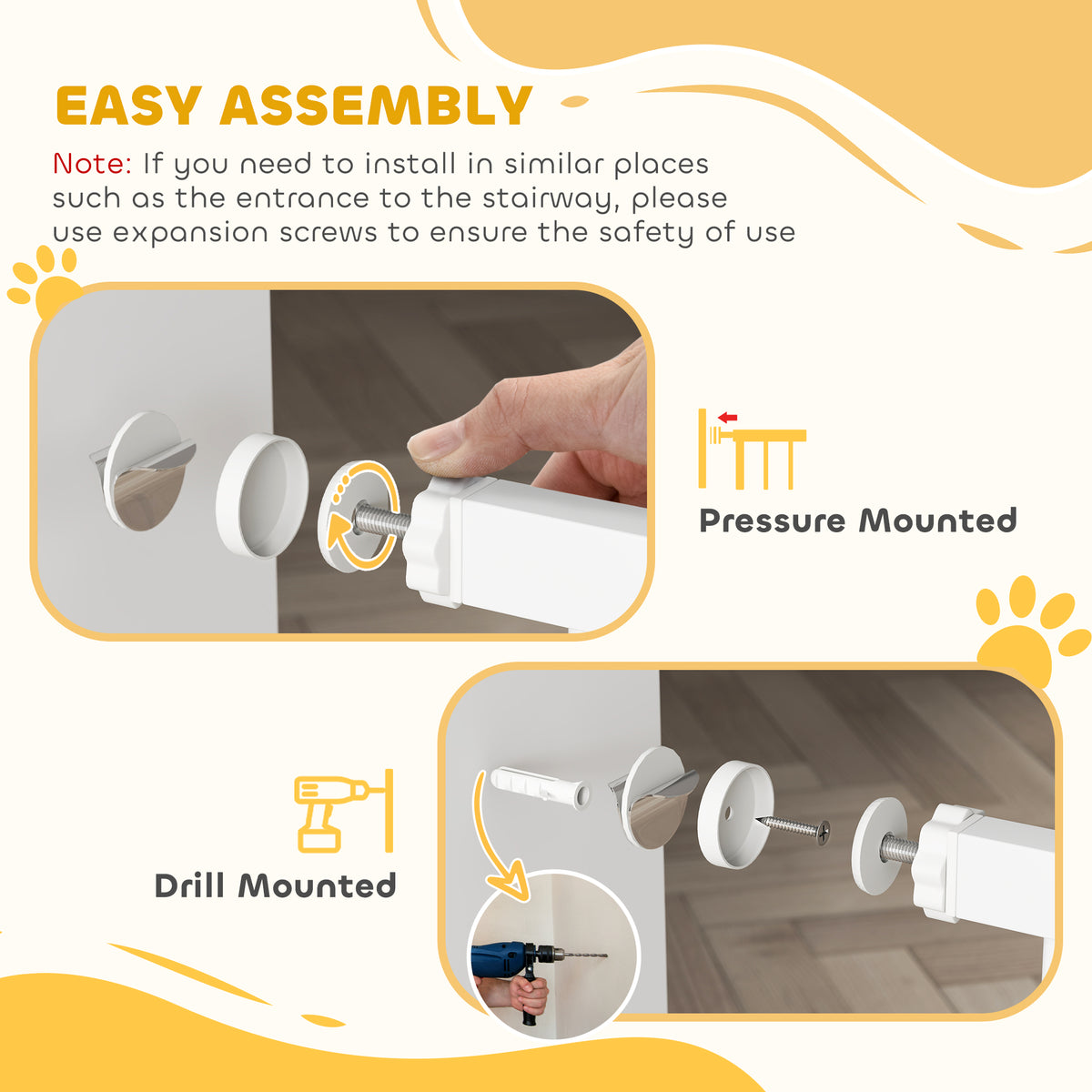 PawHut Adjustable Pet Gate with Cat Door, Pressure Fit Barrier for Doorway and Hallway, 75-85 cm, White
