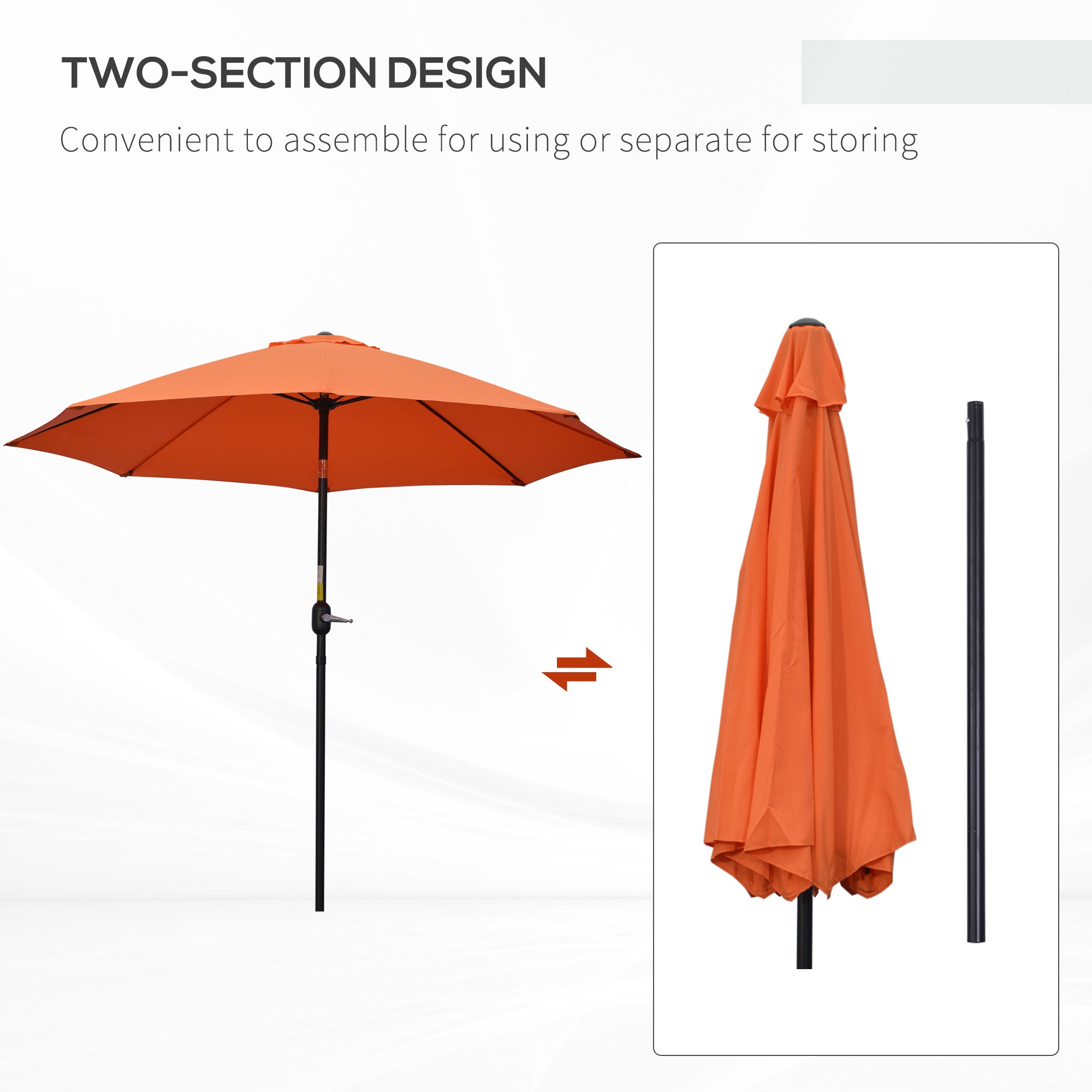 Outsunny 2.6M Patio Parasol Sun Umbrella, Tilt Shade Shelter Canopy with Crank 8 Ribs Aluminium Frame, Orange - North Peak Garden Furniture