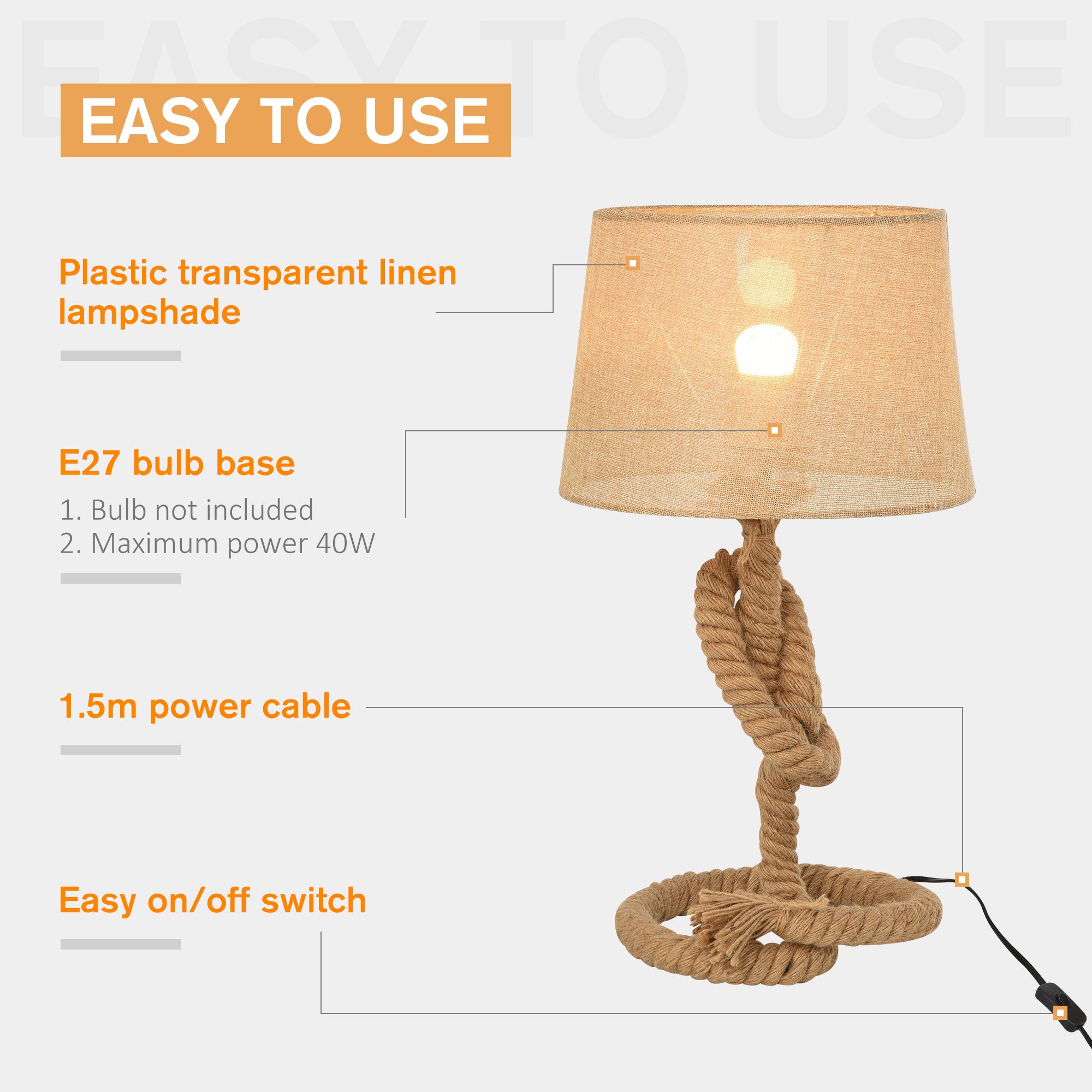 HOMCOM Nautical Style Table Lamp with Fabric Lampshade Metal Frame Power Switch, 54cm Home Desk Lamp Bedroom Living Room Study E27 Base, Beige - North Peak Garden Furniture