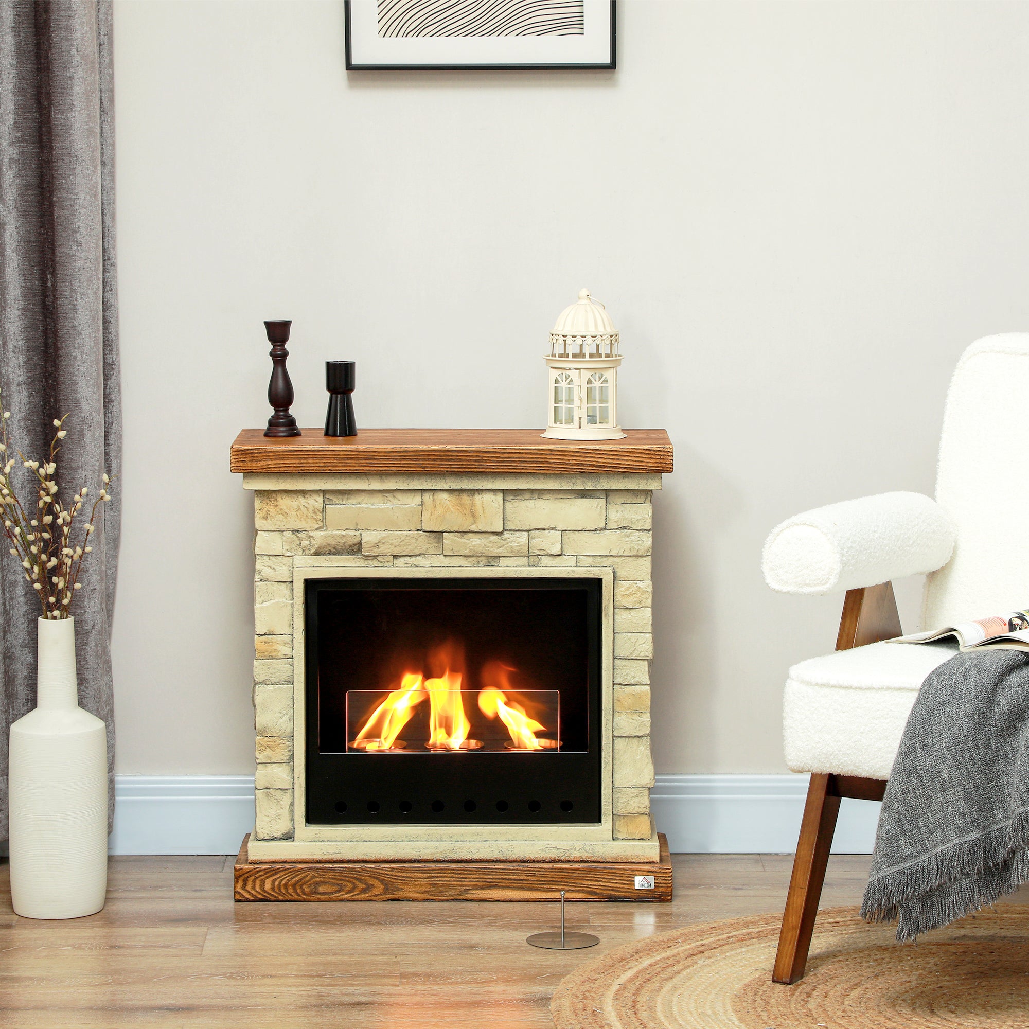 HOMCOM Bioethanol Fire Heater, with Brickwork-Effect Mantelpiece - Brown