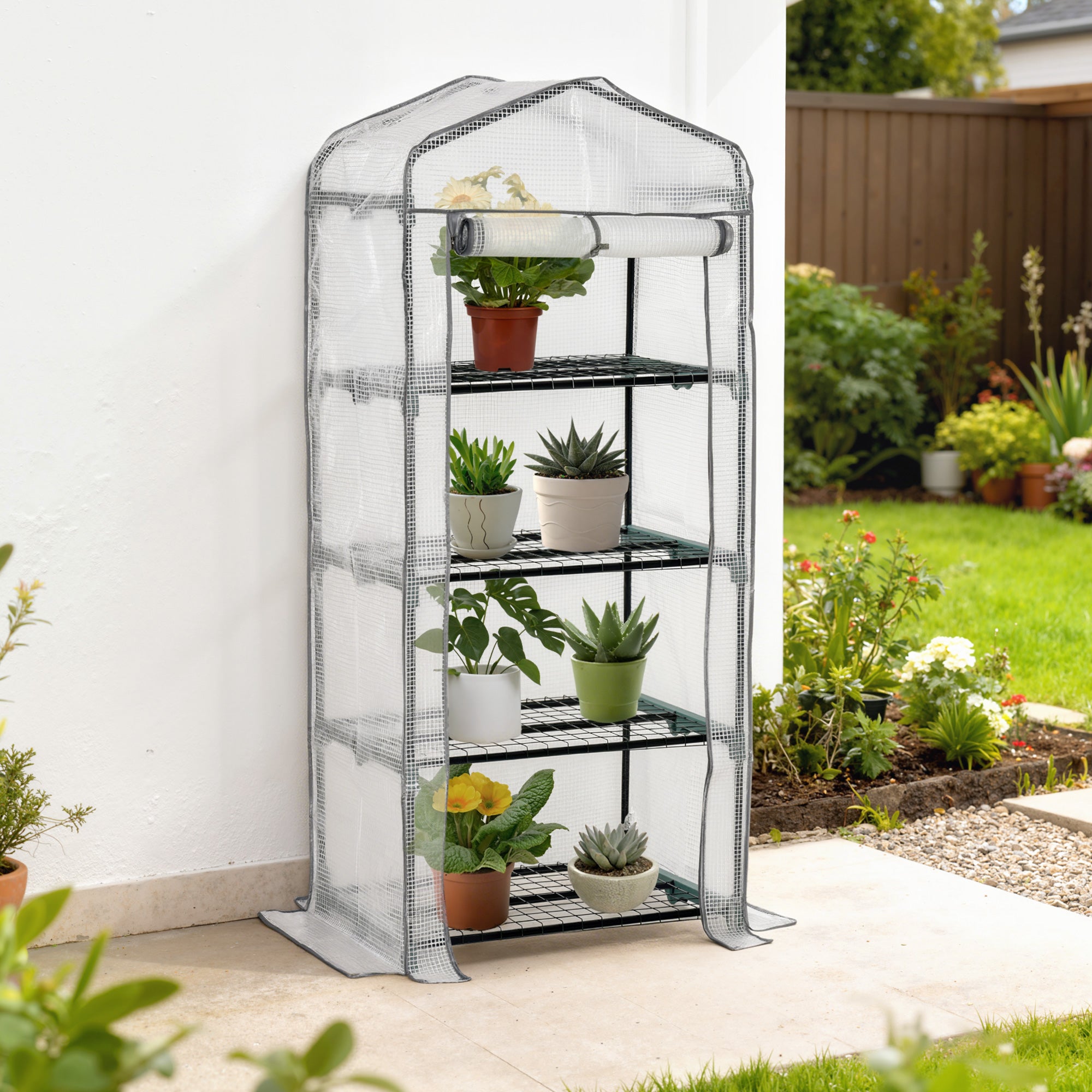 Outsunny 4 Tiers Mini Portable Greenhouse Compact Plant Grow Shed Metal Frame PE Cover 160H x 70L x 50Wcm