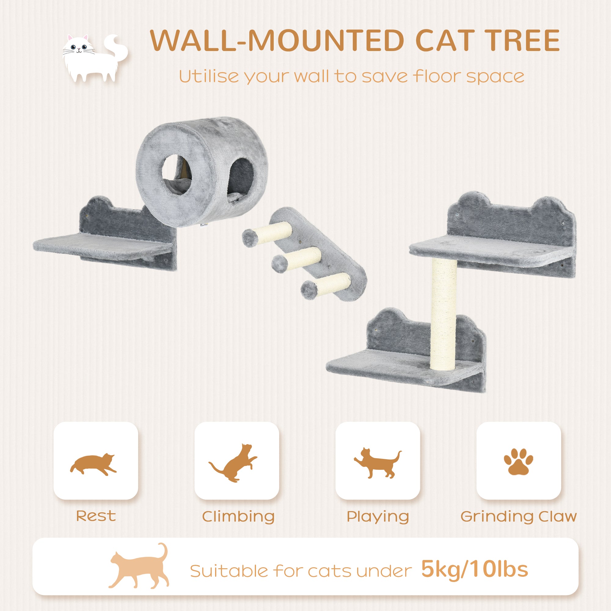 PawHut 4PCs Wall-Mounted Cat Tree, with Steps, Perch, Cat House - Grey - North Peak Garden Furniture