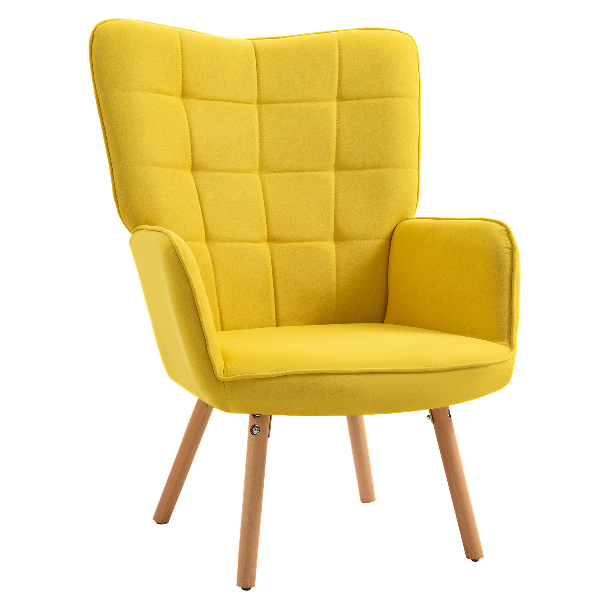 HOMCOM Modern Accent Chair Velvet-Touch Tufted Wingback Armchair Upholstered Leisure Lounge Sofa Club Chair with Wood Legs, Yellow - North Peak Garden Furniture