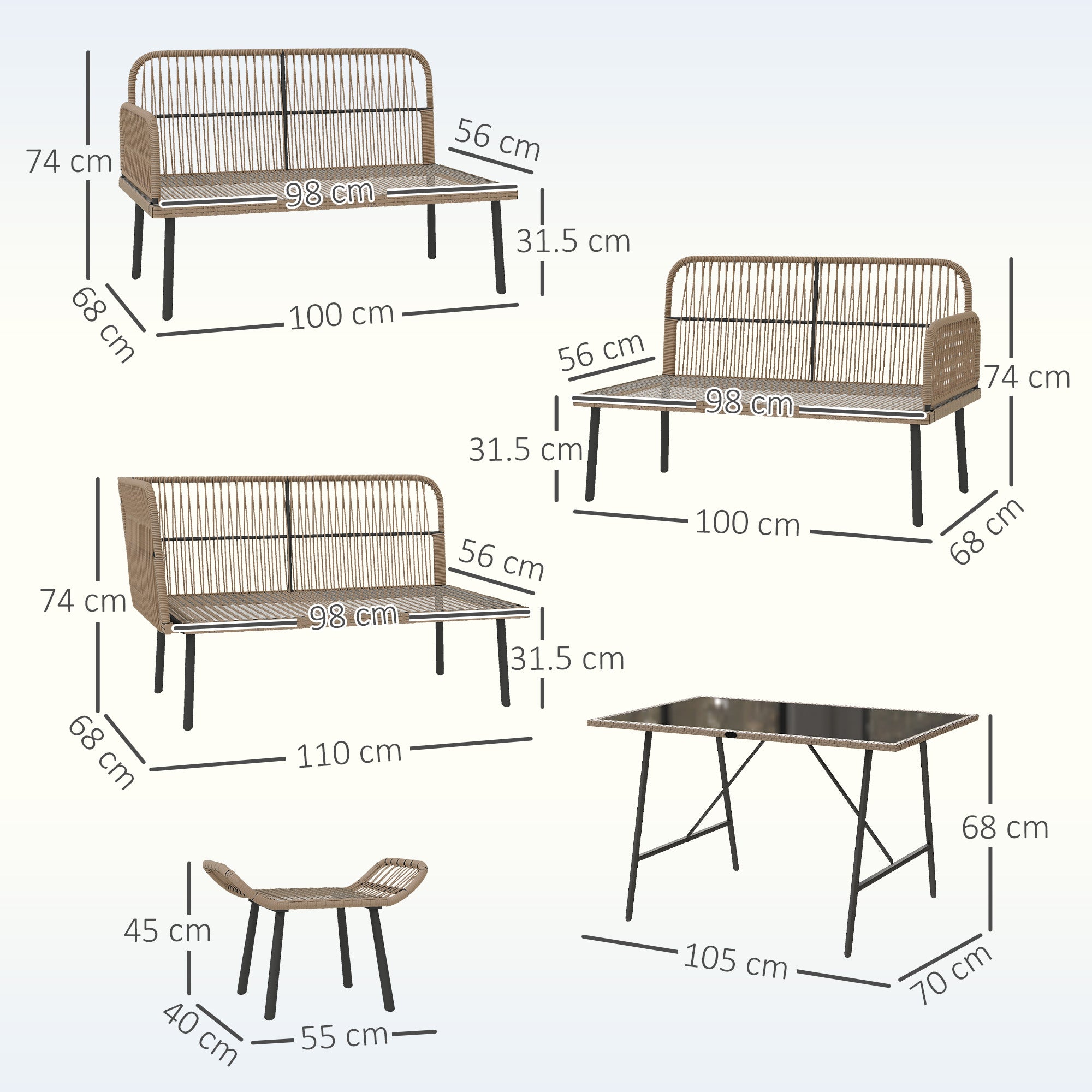 Outsunny 6 Piece Rattan Garden Furniture Set, 8 Seater Garden Corner Sofa with Cushions and Glass Top Table, Sectional Outdoor Furniture Conservatory Set for Patio, Cream White
