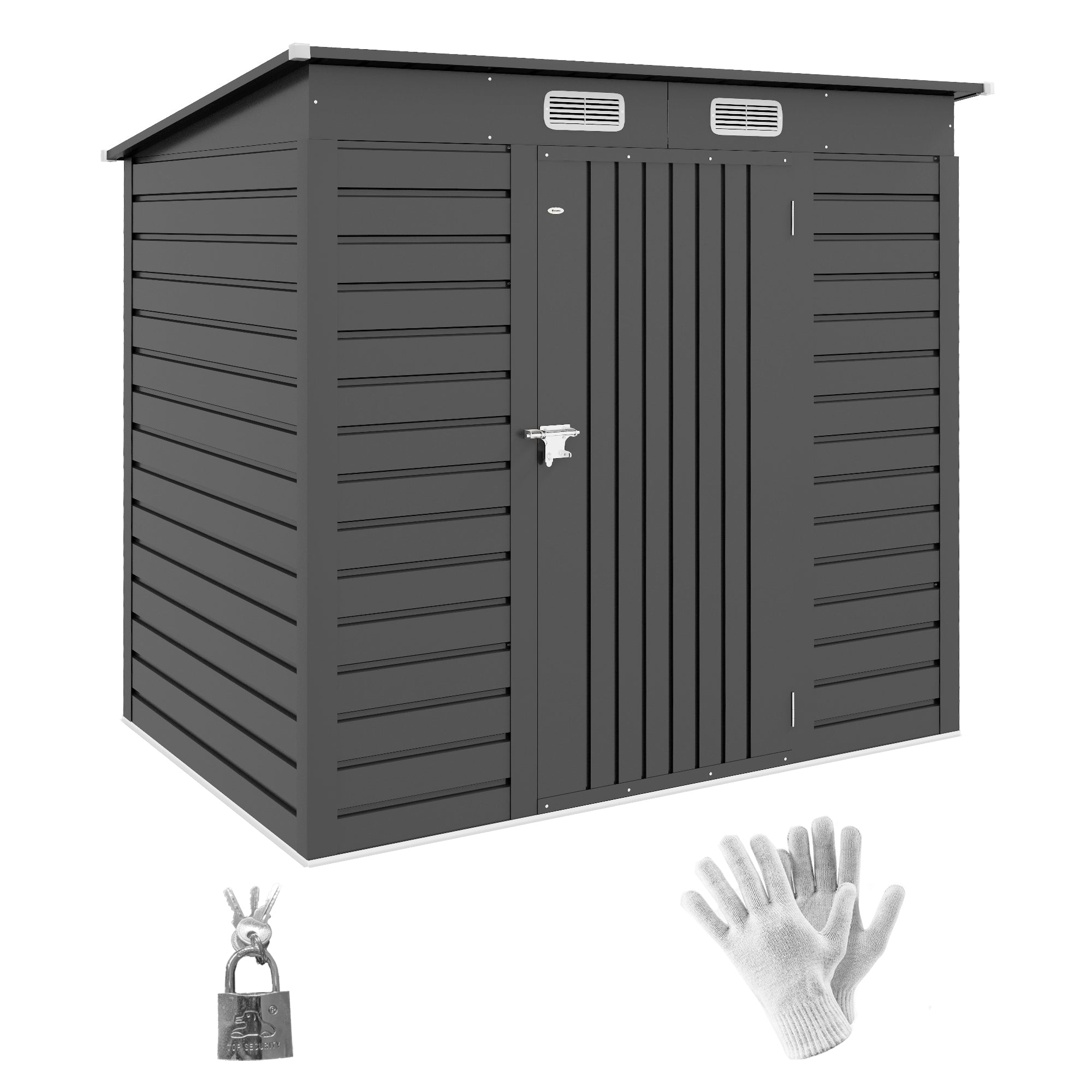 Outsunny 6.3 x 4.3FT Garden Shed. Galvanised Metal Shed, Outdoor Tool Storage Shed with Pent Roof, Lockable Door and 2 Vents, Grey - North Peak Garden Furniture
