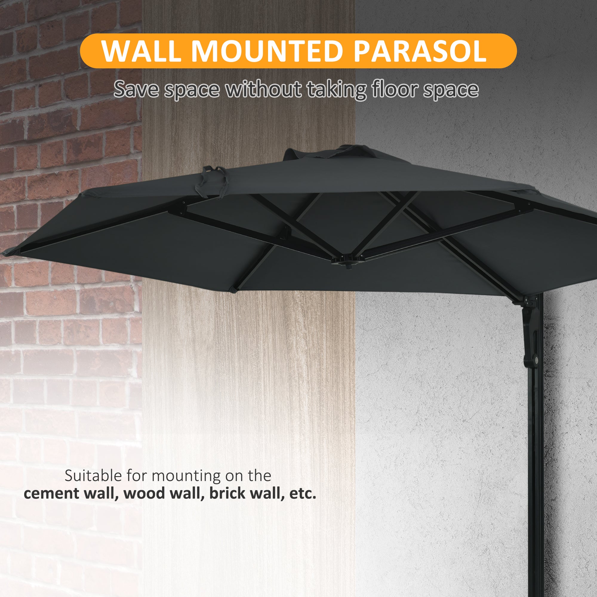 Outsunny 2.5m Wall Mounted Parasol, Hand to Push Outdoor Patio Umbrella with 180 Degree Rotatable Canopy for Porch, Deck, Garden, 250 cm, Dark Grey - North Peak Garden Furniture