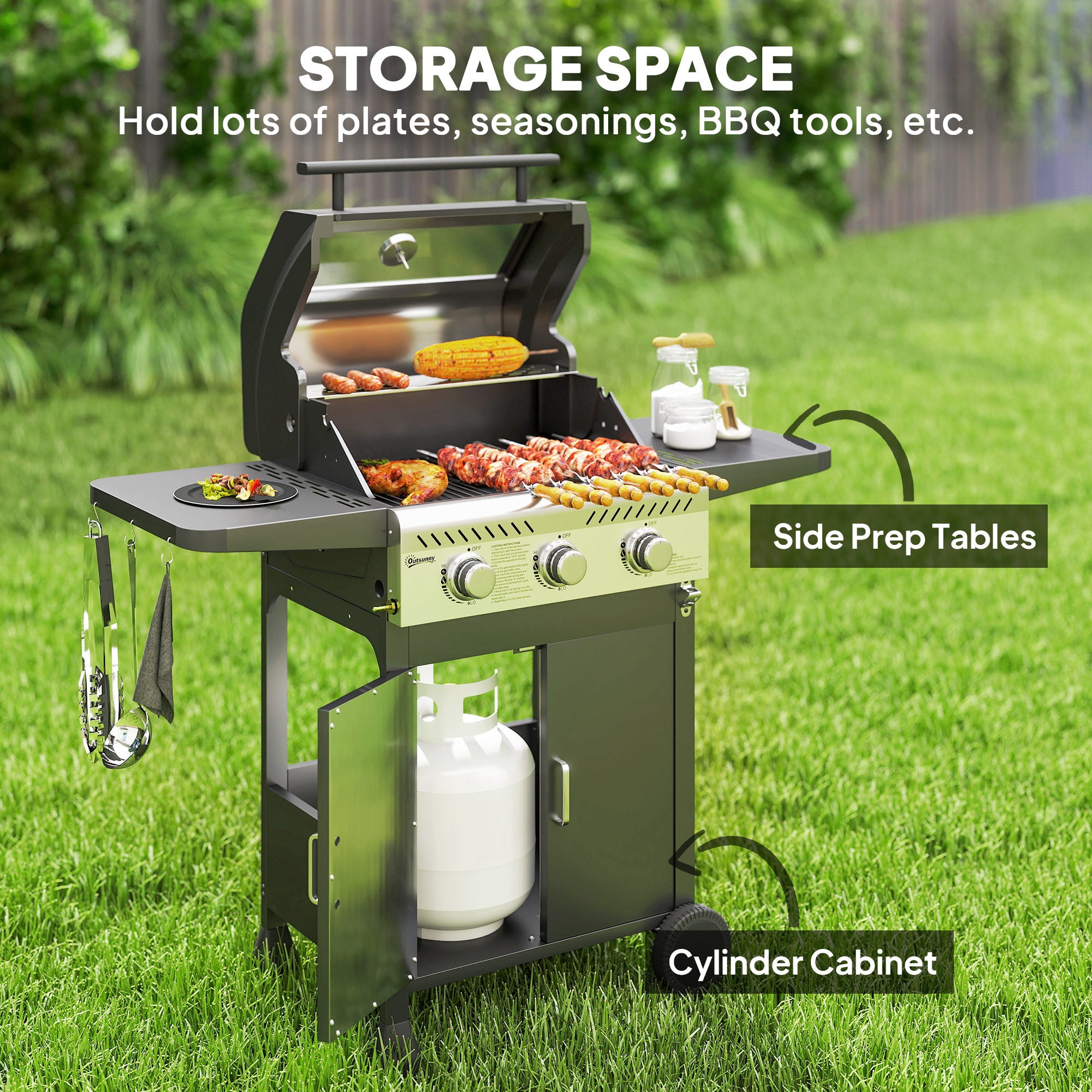 Outsunny 7.5kW Three-Burner Gas BBQ Grill, with See-Through Lid - Black