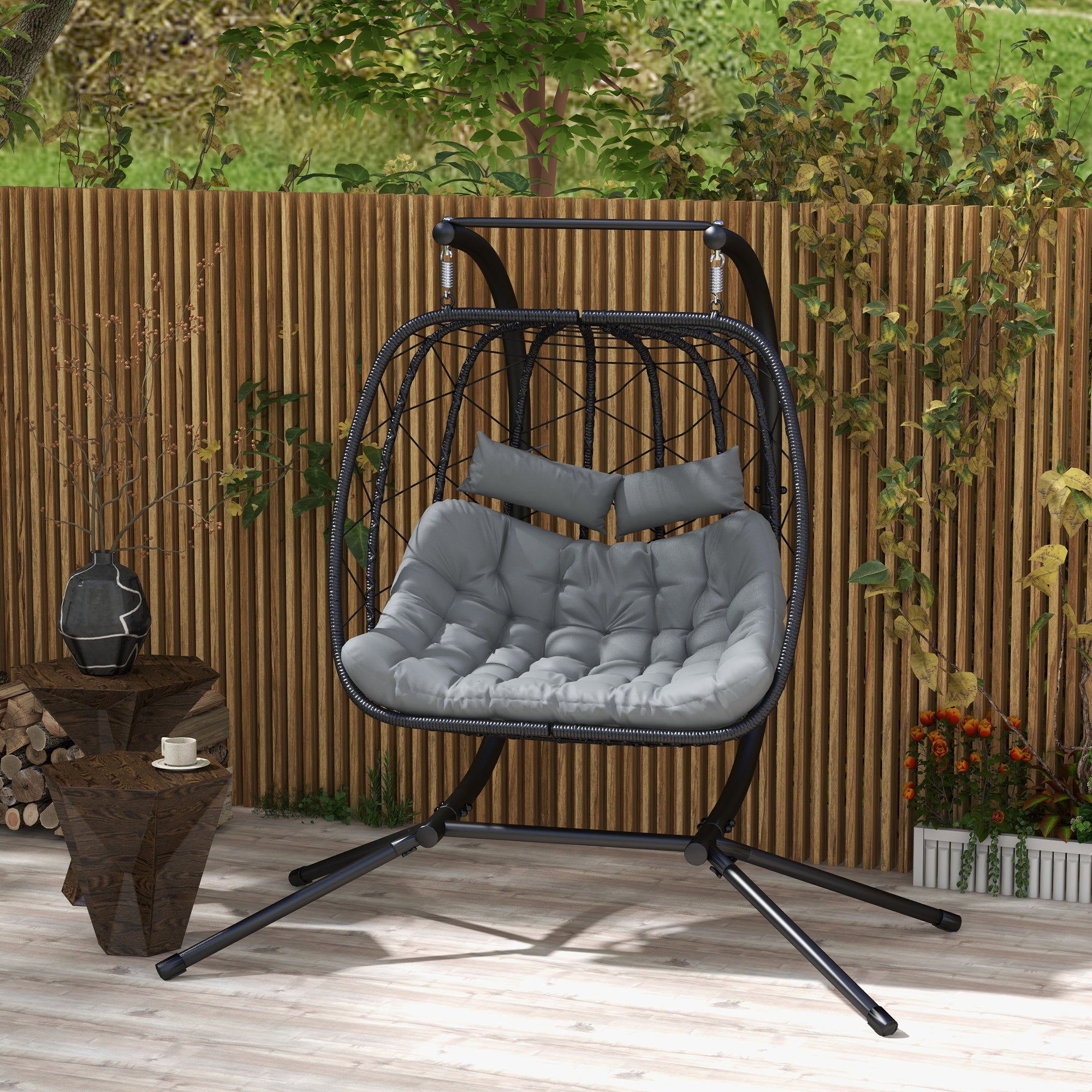 Outsunny Two-Seater Steel Frame Hanging Egg Chair - Black - North Peak Garden Furniture