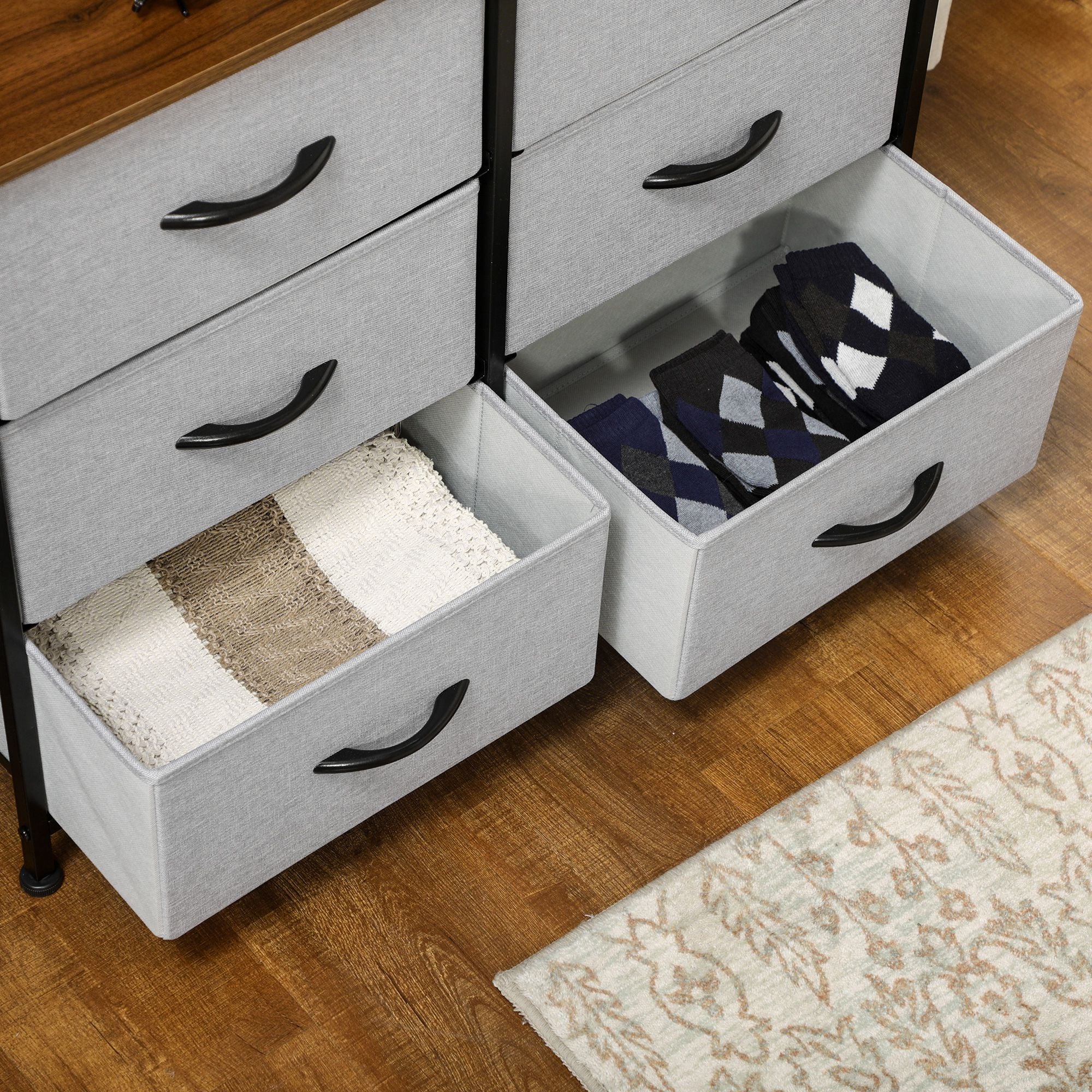 HOMCOM Fabric Chest of Drawers, Storage Drawers, Industrial Bedroom Dresser with 6 Fabric Drawers, Steel Frame and Wooden Top for Nursery, Living Room, Hallway, Grey - North Peak Garden Furniture