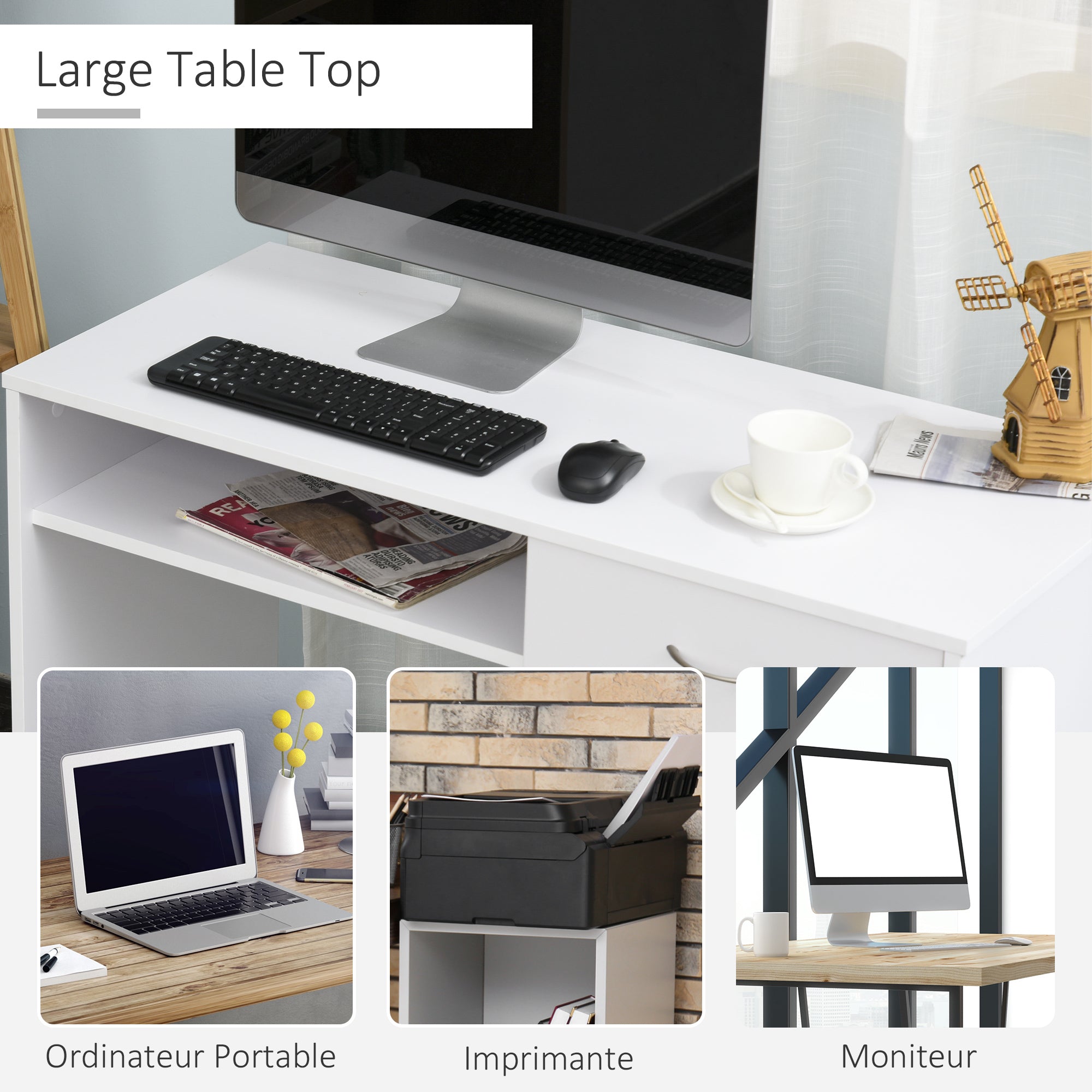 HOMCOM Compact Computer Desk, Study Table with Drawer and Storage Compartment, Writing Workstation, White - North Peak Garden Furniture