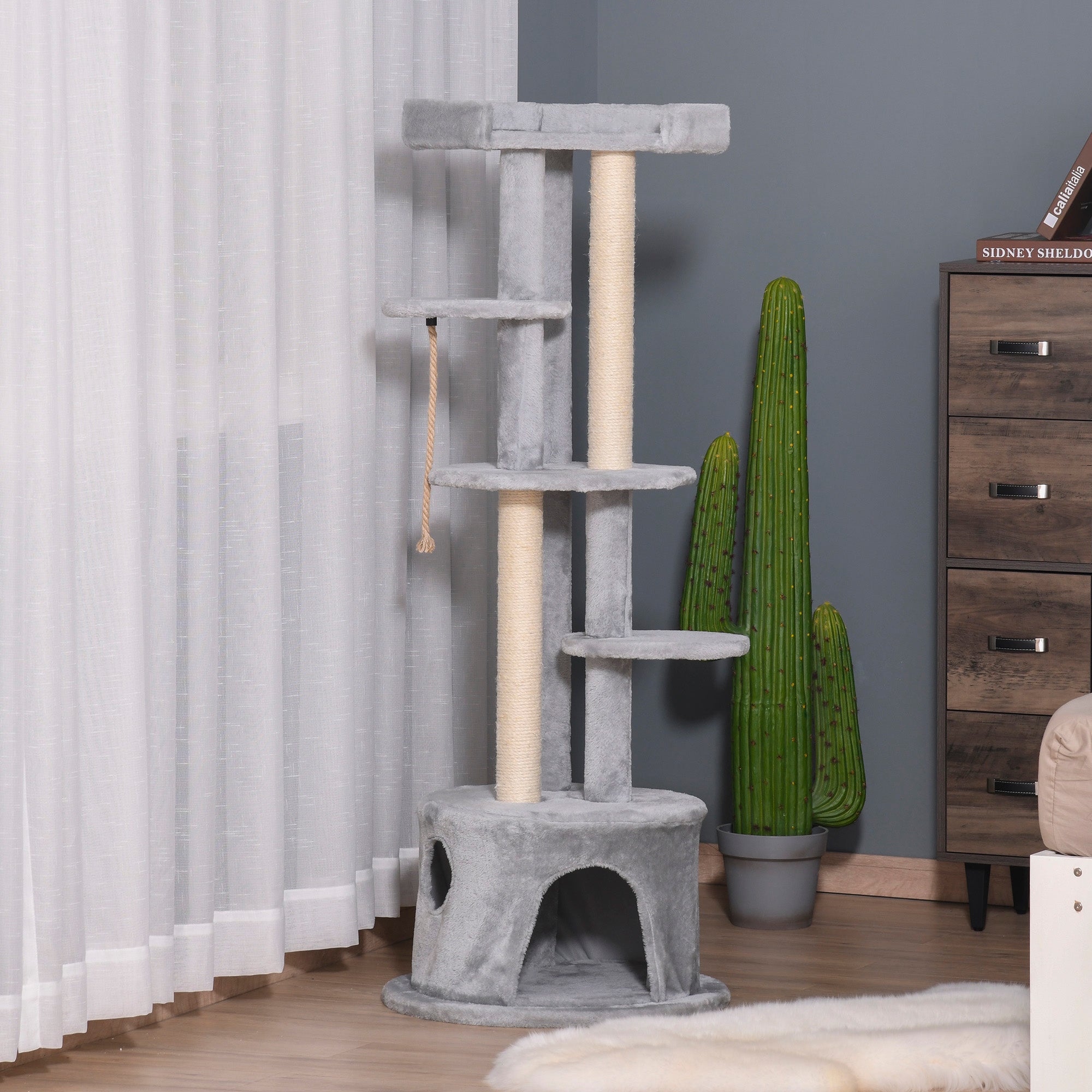 PawHut Cat Tree Multi-Level, Kitten Tower Activity Centre with Scratching Post, Condo, Hanging Ropes & Plush Perches, Grey