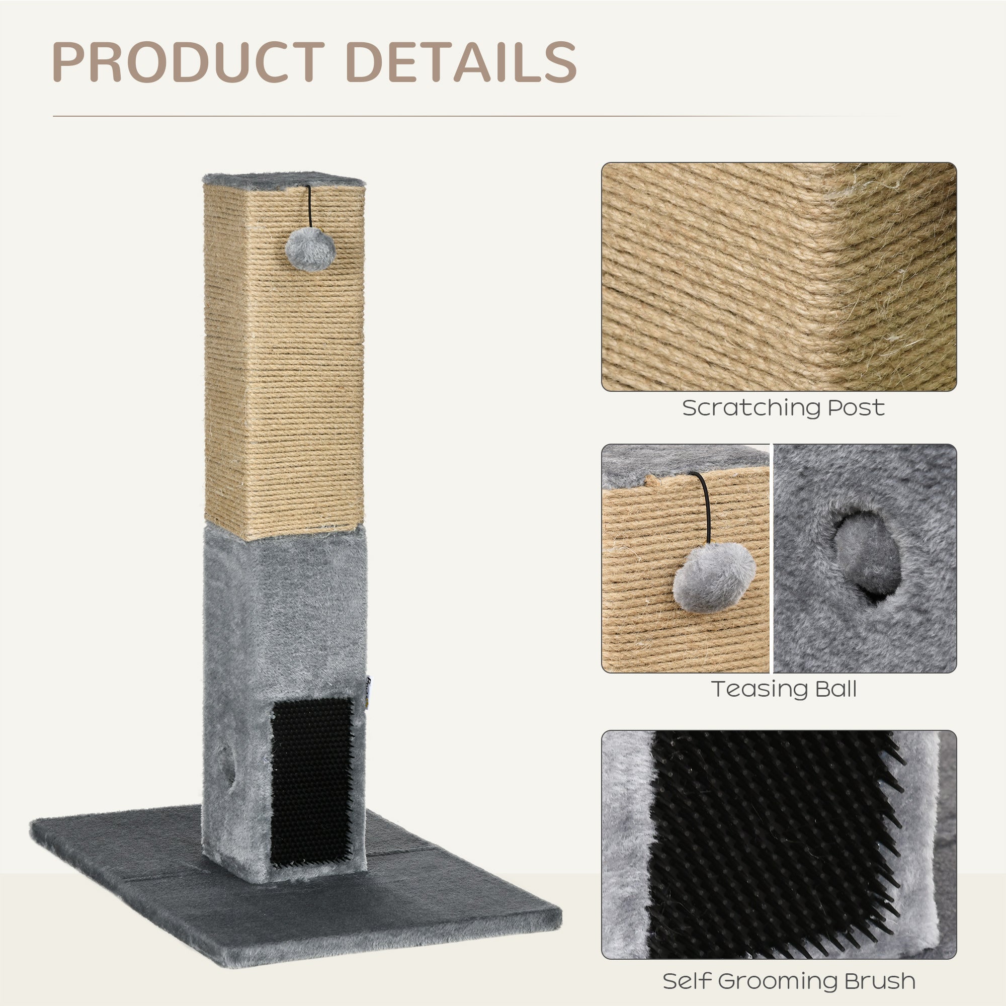 PawHut Cat Tree Scratching Post for Indoor Cats 79cm Jute Scratcher Climber w/ Carpet Base Dangling Toy – Grey - North Peak Garden Furniture