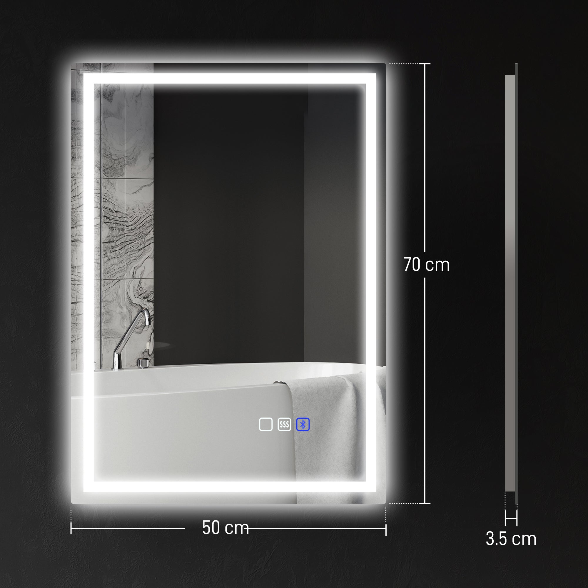 HOMCOM 50 x 70 cm Bluetooth LED Bathroom Mirror with Anti-Fog - Silver Tone - North Peak Garden Furniture