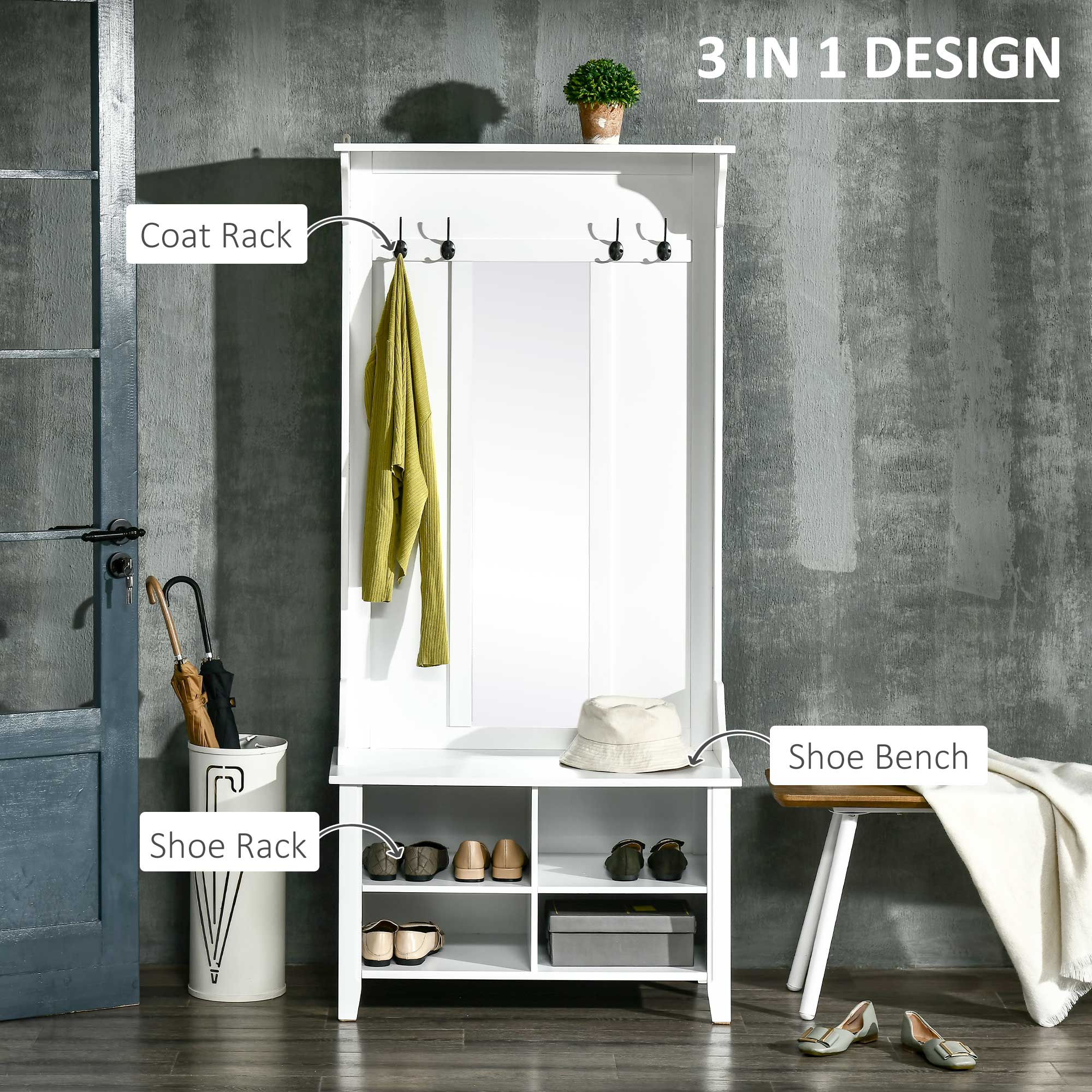 HOMCOM Hallway Furniture Set Shoe Bench Storage Mirror Cabinet Coat Rack Multiple Cubes Hangers Organiser Shelves w/ 4 Hooks - North Peak Garden Furniture