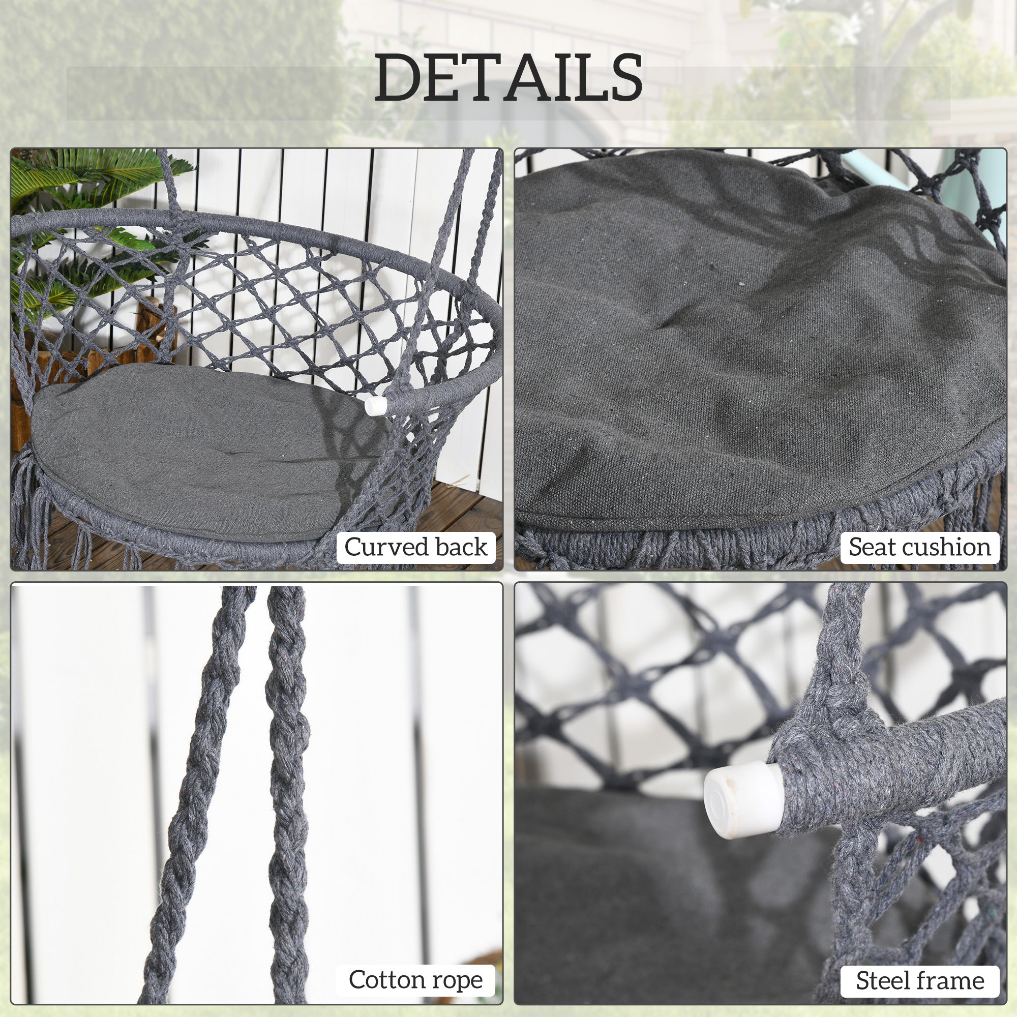 Outsunny Outdoor Hanging Rope Chair with Cotton Rope, Cotton-Polyester Blend Macrame Garden Hammock Chair with Seat Cushion, Support Backrest, for Patio, Garden, Porch, Dark Grey - North Peak Garden Furniture