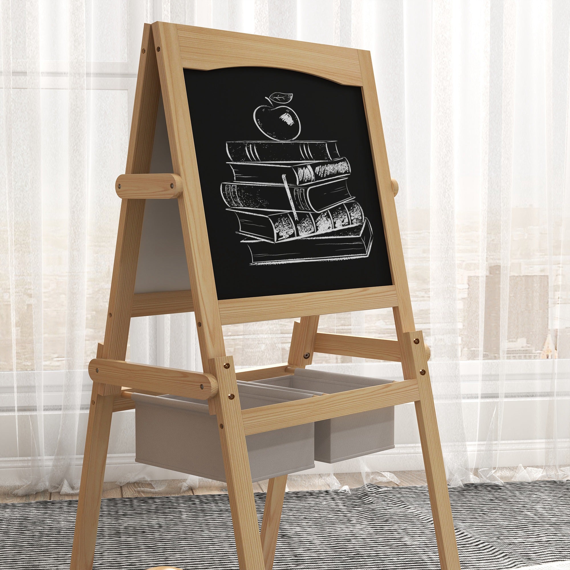 AIYAPLAY Kids Easel with Paper Roll, 3 in 1 Art Easel for Toddlers, Double-Sided Kids Whiteboard Blackboard with Storage Baskets for Ages 3-6 Years - Natural Wood Finish - North Peak Garden Furniture