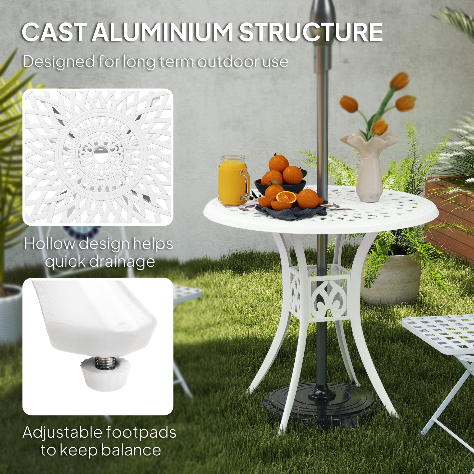 Outsunny 78 cm Round Garden Dining Table with Parasol Hole Antique Cast Aluminium Outdoor Table Only, White - North Peak Garden Furniture