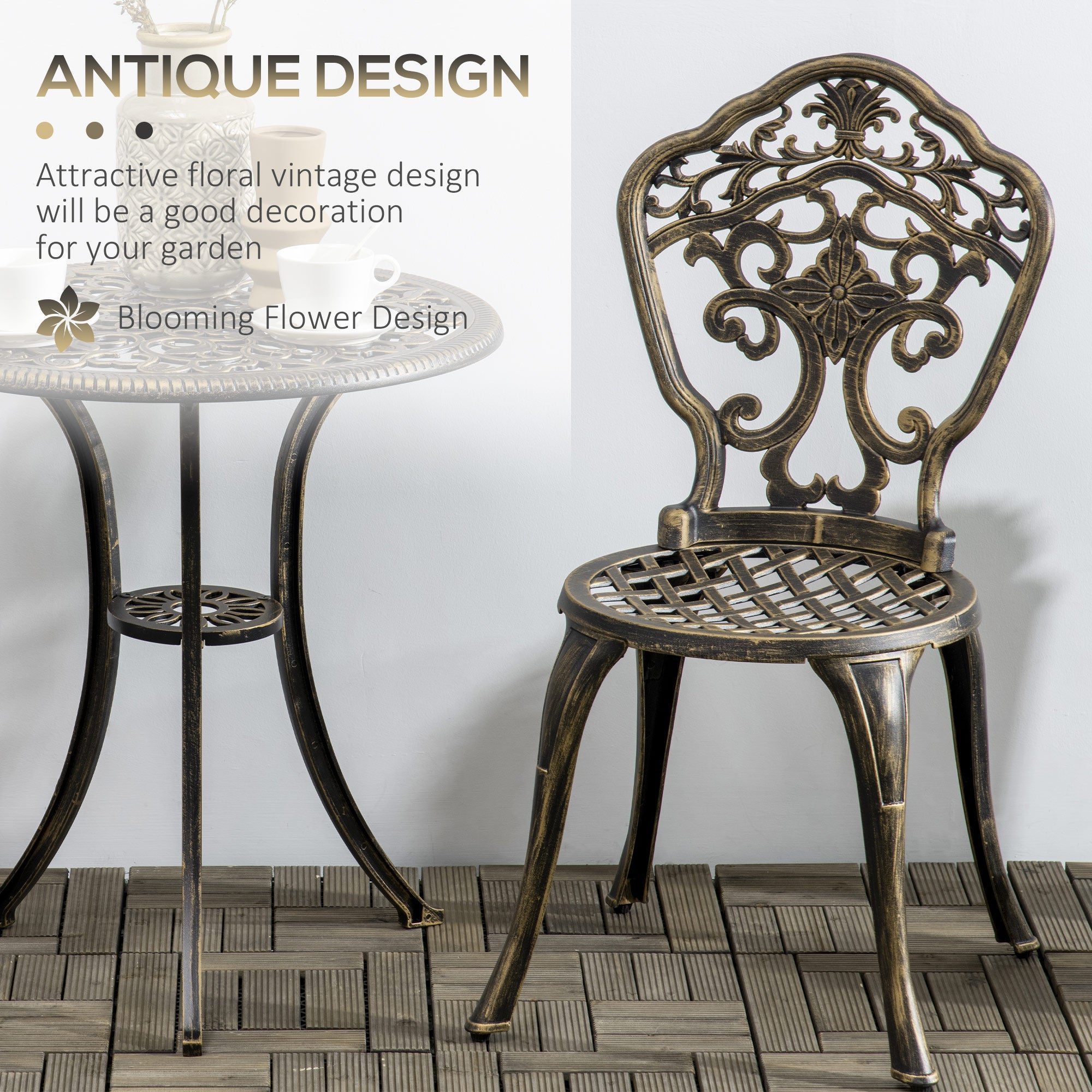 Outsunny 3 Piece Cast Aluminium Garden Bistro Set for 3 with Parasol Hole, Outdoor Coffee Table Set, Two Armless Chairs and Round Coffee Table for Balcony, Patio, Bronze - North Peak Garden Furniture