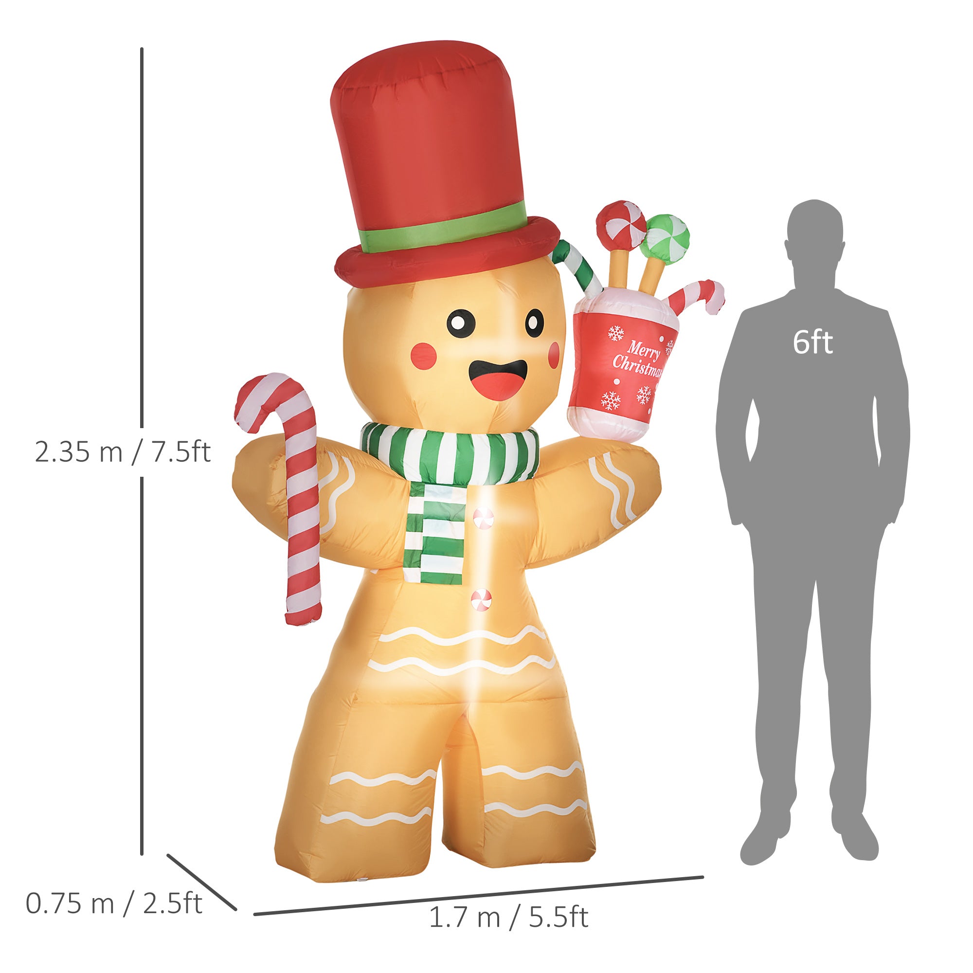 HOMCOM 7.5ft Christmas Inflatable Gingerbread Man with Candy Cane and LED Lights, Blow-Up Outdoor LED Garden Display for Lawn, Party - North Peak Garden Furniture