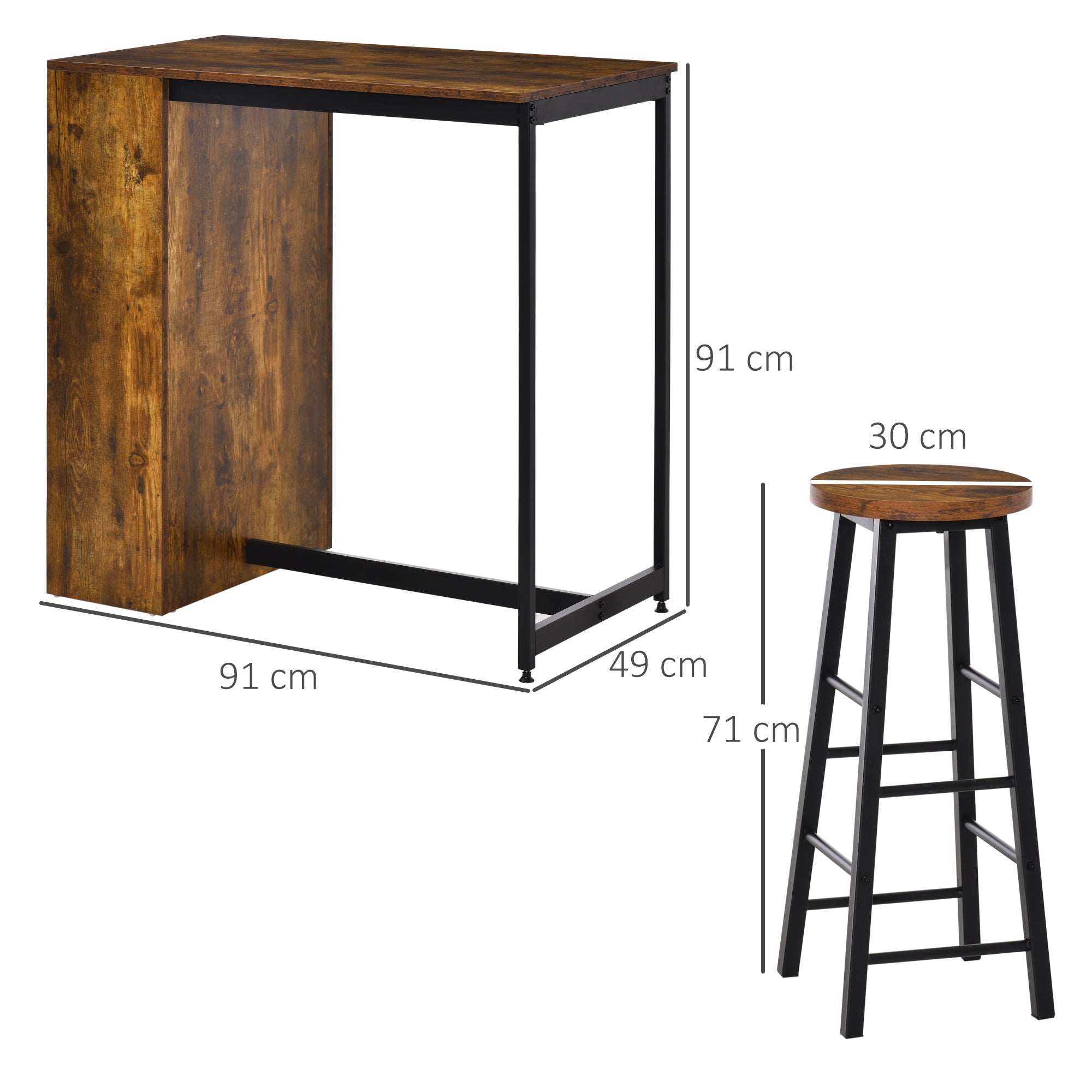 HOMCOM Industrial Bar Table Set for 2, 3 Pieces Pub Table and Bar Stools with Storage Shelf for Kitchen