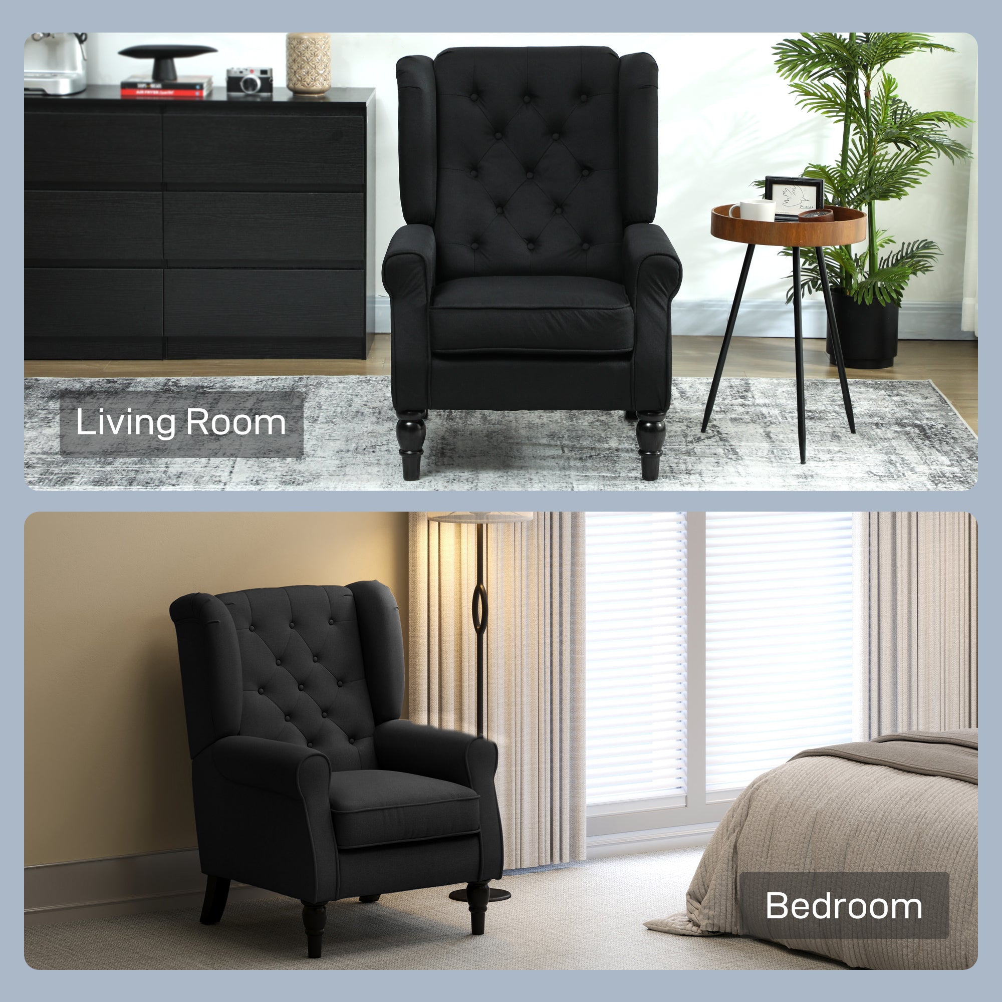 HOMCOM Retro Accent Chair, Linen Wingback Armchair with Wood Frame Button Tufted Design for Living Room Bedroom, Black