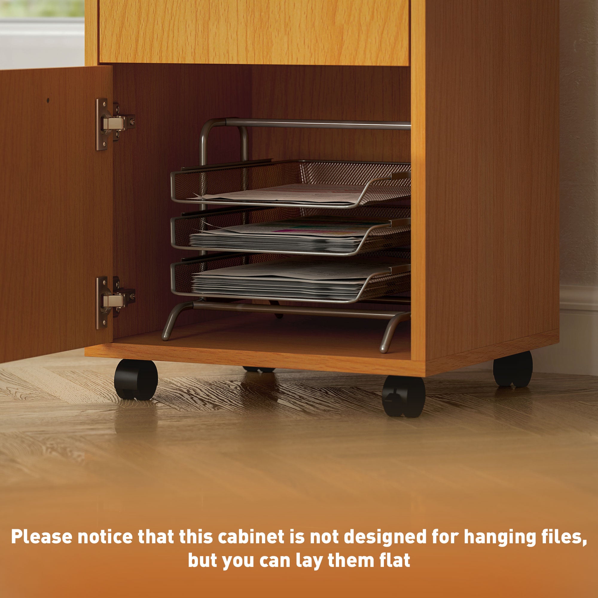 HOMCOM 60cm Filing Cabinet with Drawer, Open Shelf, Metal Handles and 4 Wheels, Office Home Organiser Mobile Printer, Natural Wood Finish - North Peak Garden Furniture