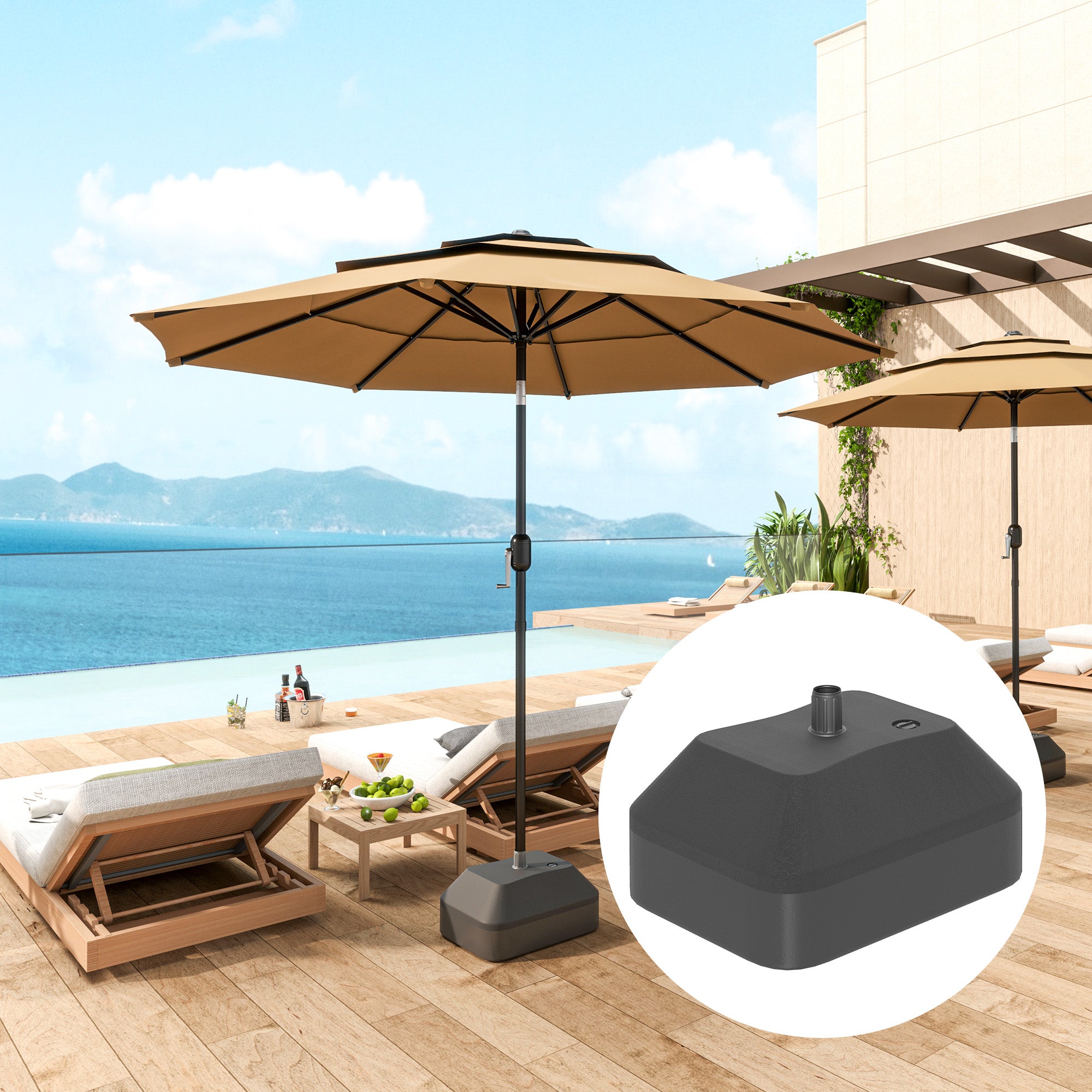 Outsunny Fillable Garden Parasol Base, Heavy Duty Parasol Base Stand Outdoor Umbrella Stand, Filled Up to 24kg with Stand or 20kg with Water, Sun Umbrella Base for 38 mm Poles, Black - North Peak Garden Furniture