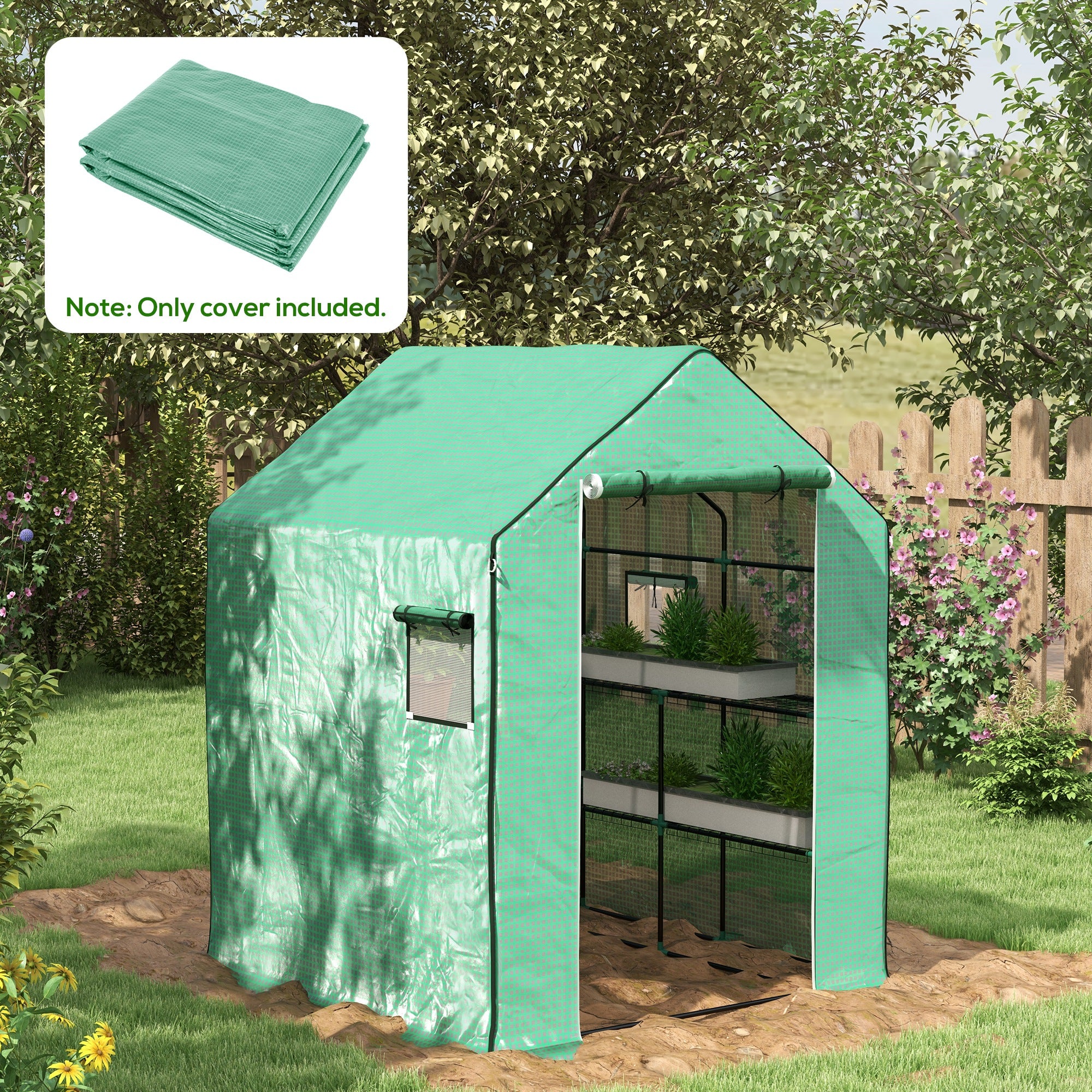 Outsunny Greenhouse Cover Replacement Walk-in PE Hot House Cover with Roll-up Door and Windows, 140 x 143 x 190cm, Green