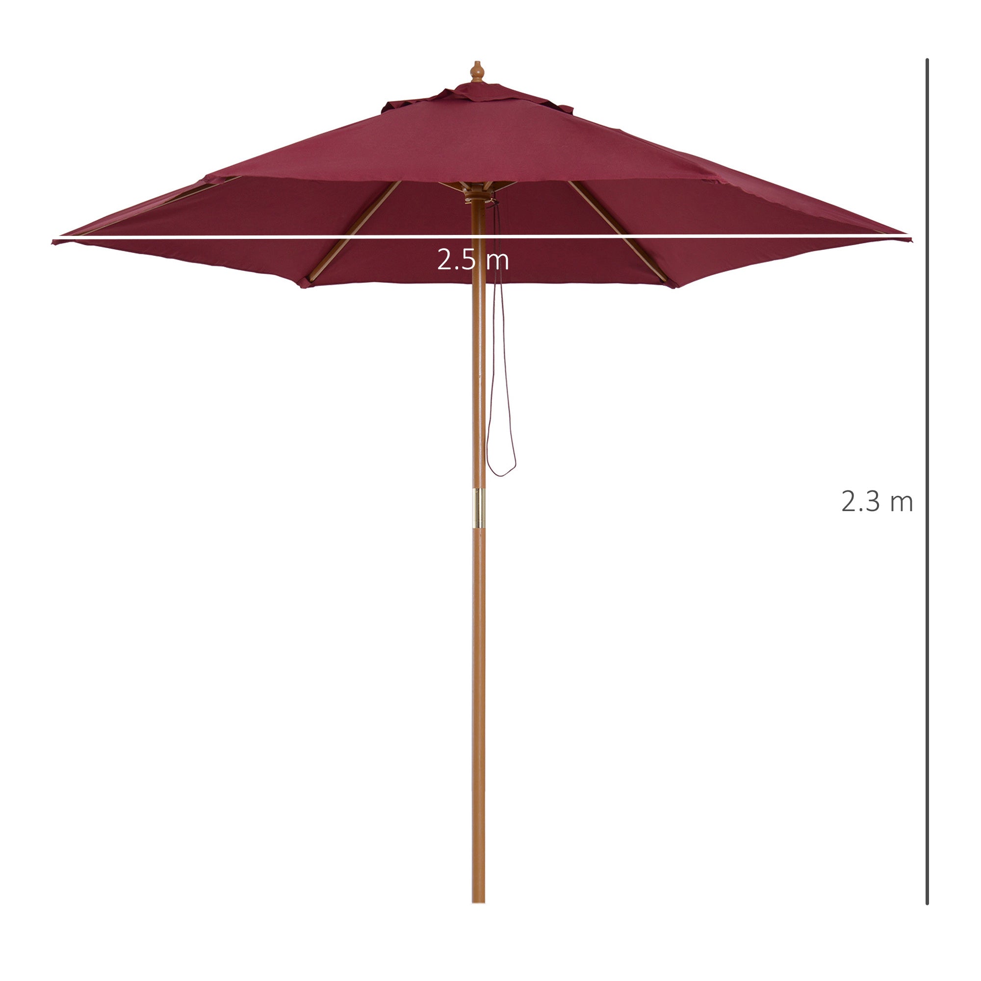 Outsunny Wooden Garden Parasol, 2.5m Outdoor Umbrella Sun Shade with Pulley System, Wine Red