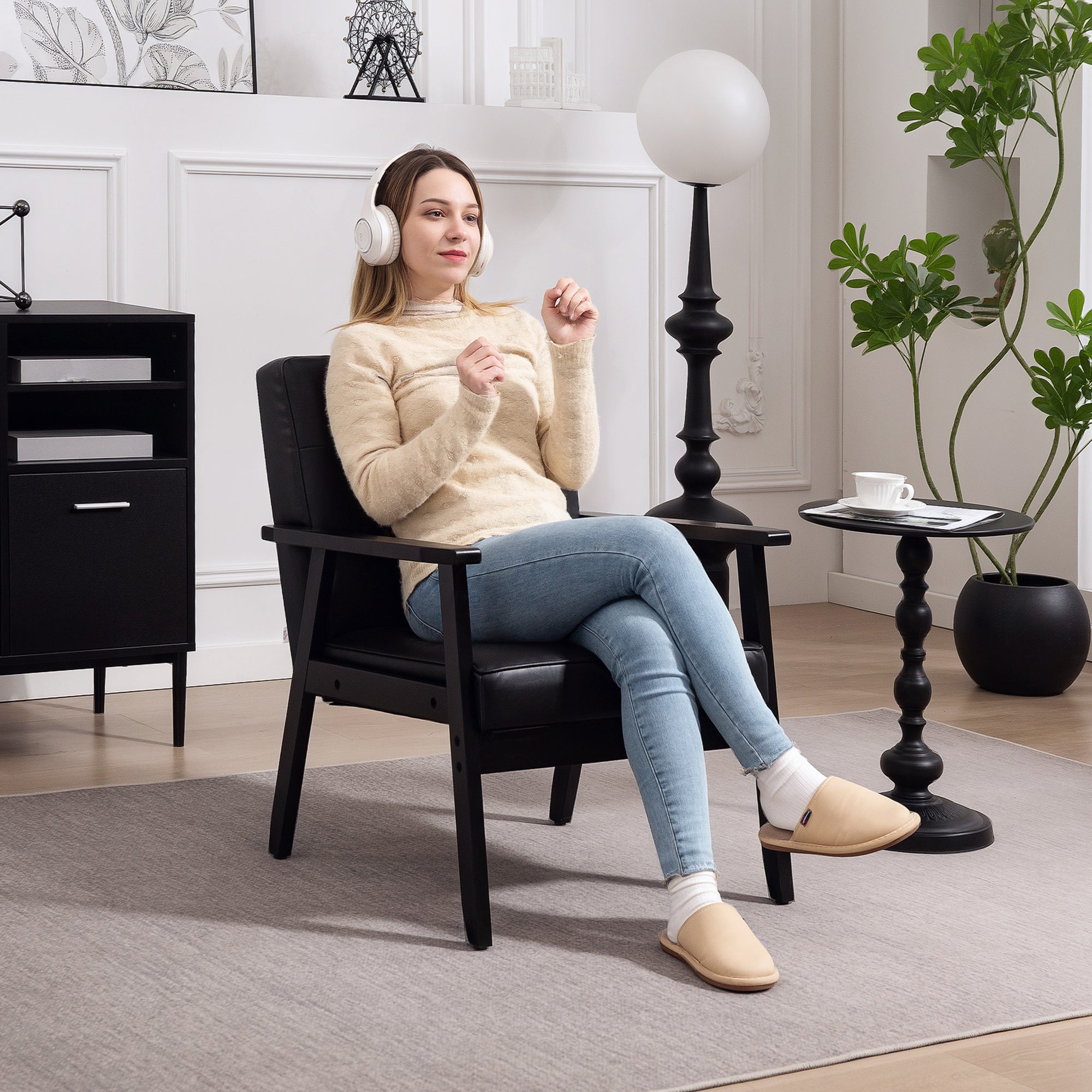 HOMCOM Retro-Style Accent Chair, with Faux Leather Seat - Black - North Peak Garden Furniture