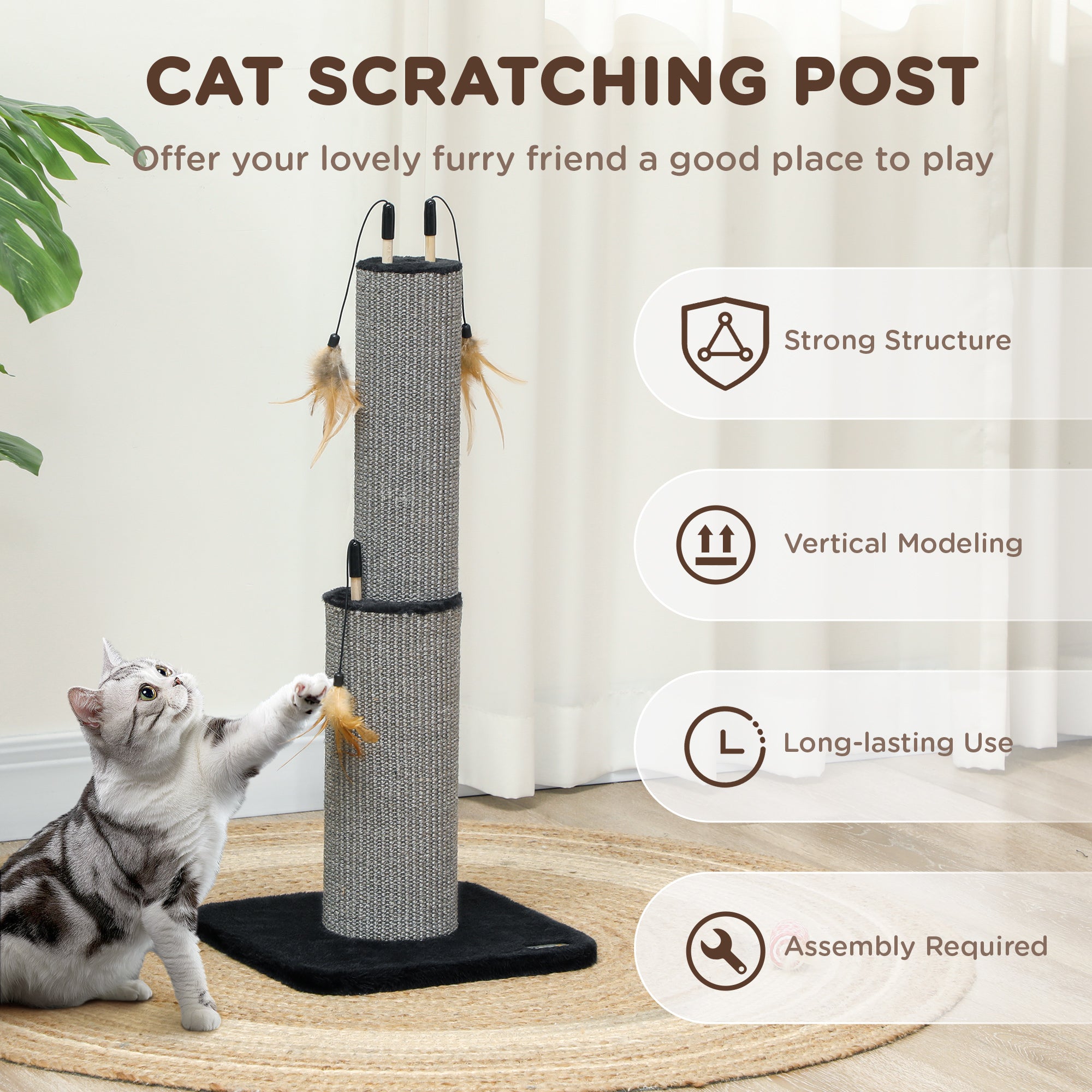 PawHut 78cm Tall 2 in 1 Cat Scratching Post with 3 Toy Feathers, Black - North Peak Garden Furniture