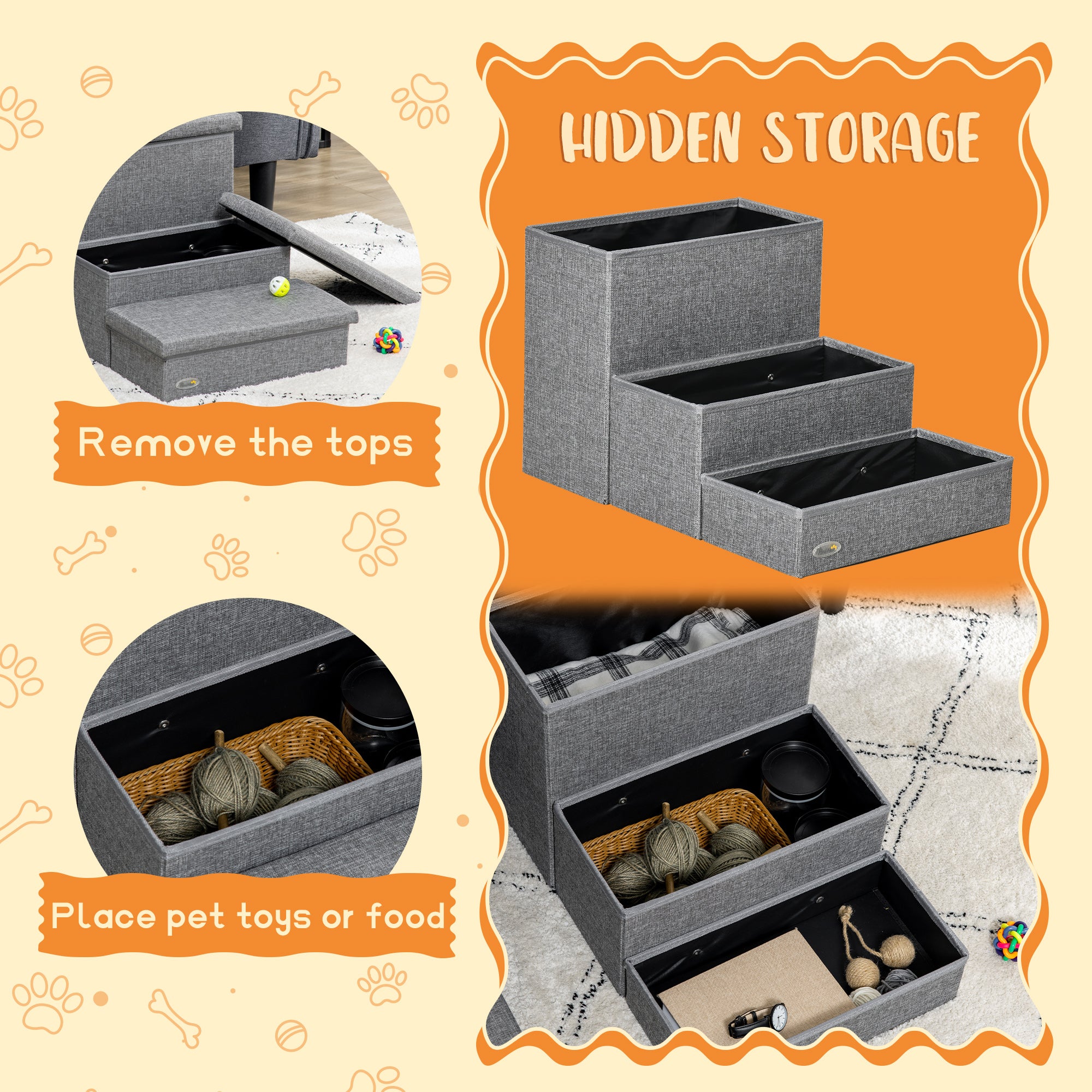 PawHut 3 Steps Pet Stairs, with Storage Boxes, for Bed, Couches - Grey - North Peak Garden Furniture