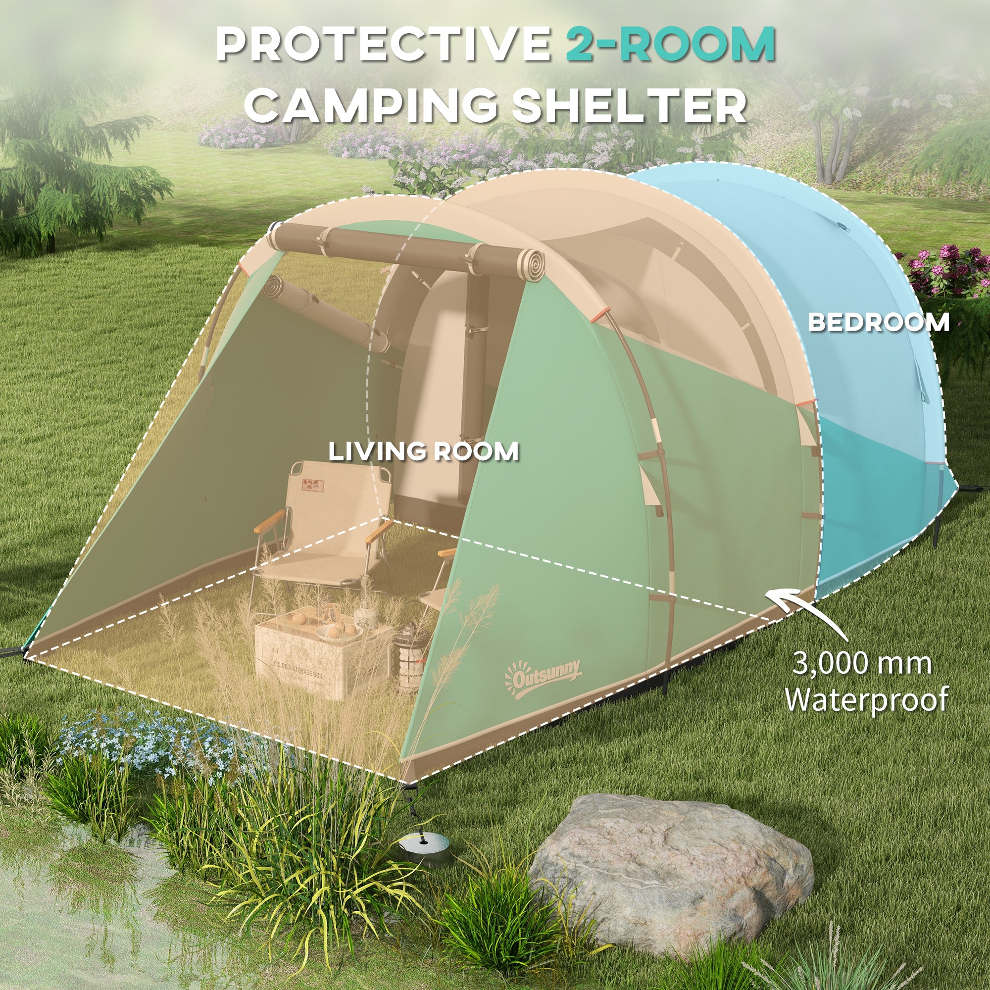 Outsunny Three-Man, 3000mm Water-Resistant Two-Room Tunnel Tent - Green - North Peak Garden Furniture
