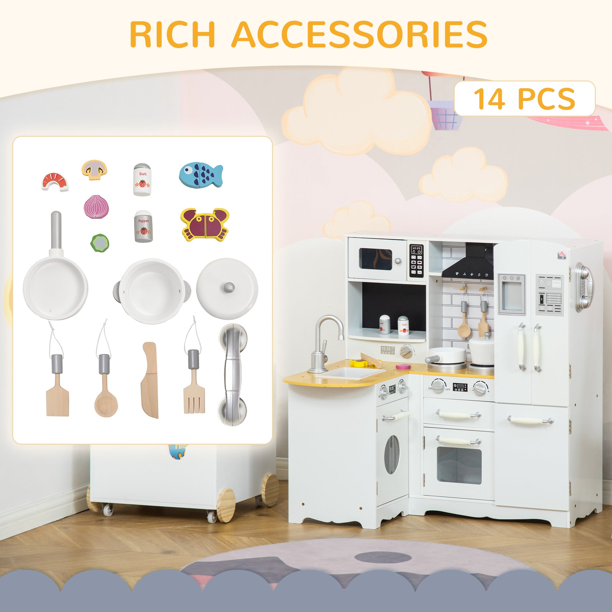HOMCOM Kids Kitchen Playset, Large Pretend Role Play Kitchen, White - North Peak Garden Furniture