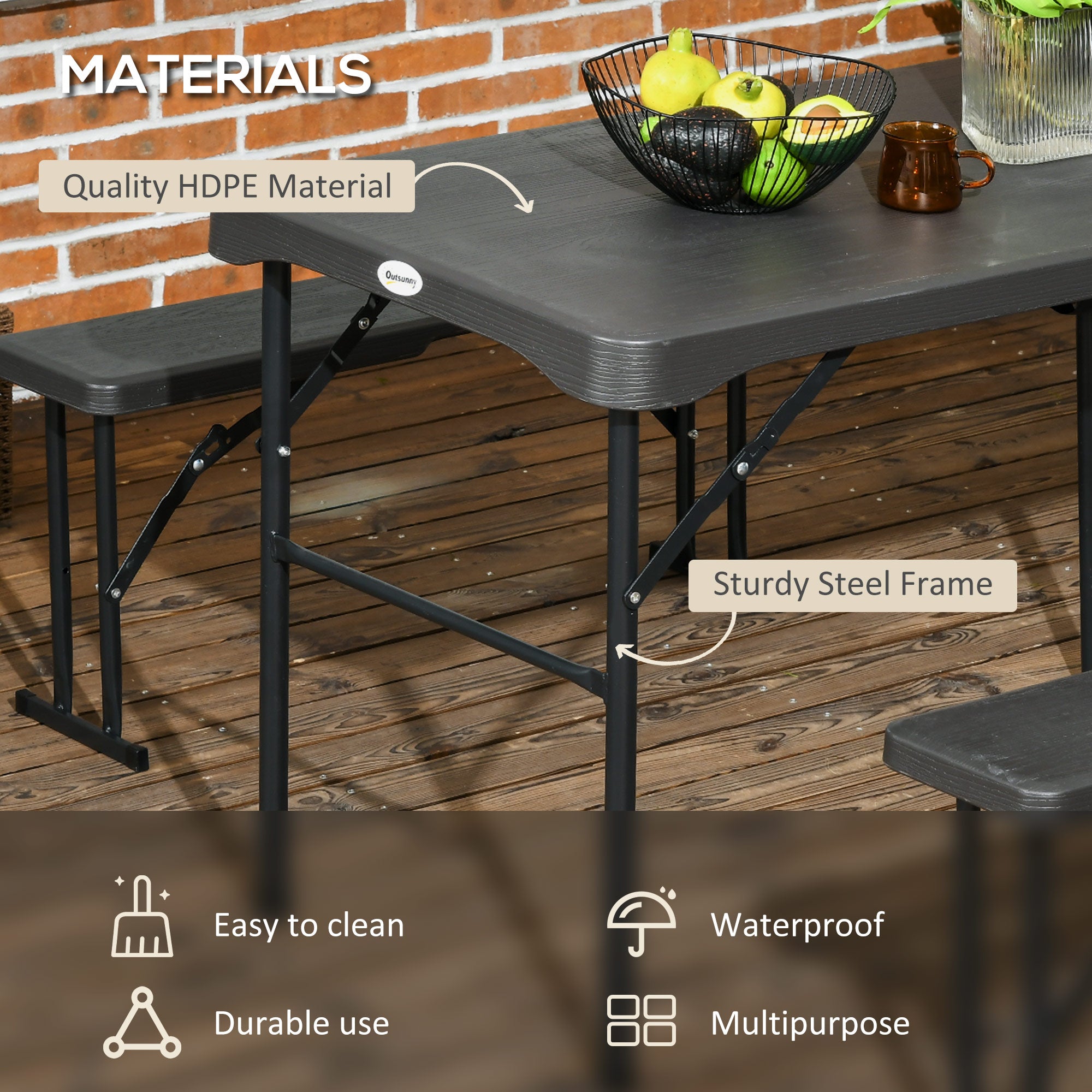 Outsunny Folding Picnic Table with 2 Benches, 3-Piece Portable Garden Furniture Set for 4, Dining Table Set with Plastic Top, Steel Frame, Dark Grey - North Peak Garden Furniture