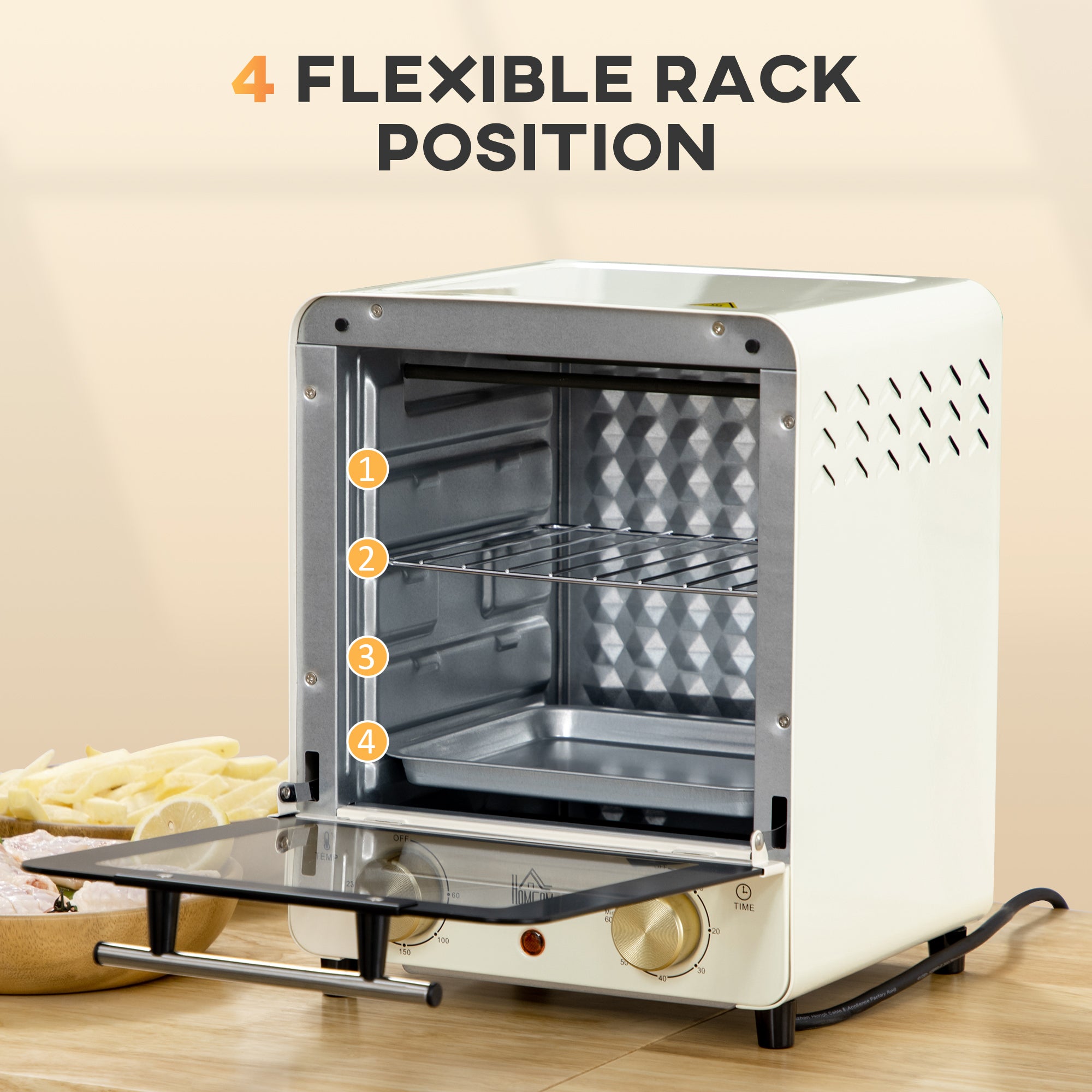 HOMCOM Mini Oven, 15 Litres Electric Oven and Grill with 60-230℃ Adjustable Temperature, 60 Minute Timer, Include Baking Tray, Wire Rack and Crumb Tray, 1000W, Cream White - North Peak Garden Furniture