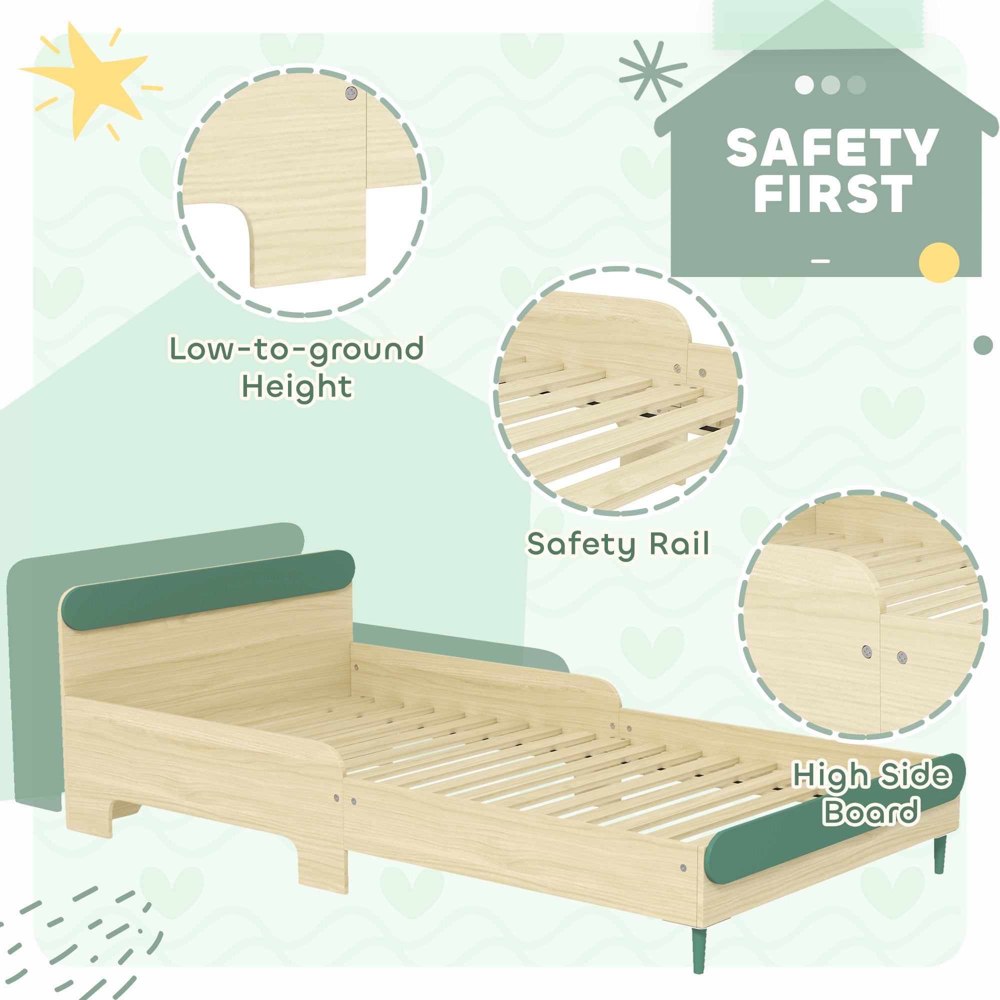 AIYAPLAY Toddler Bed with Safety Rail for Ages 3-10 Years, 195 x 103 x 60.5cm, Green - North Peak Garden Furniture