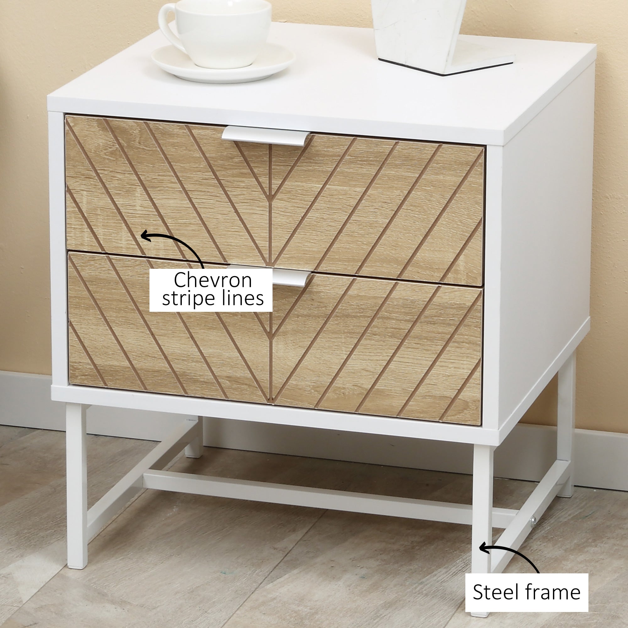 HOMCOM Modern Bedside Table with 2 Drawers and Metal Frame, Sofa Side Table for Bedroom Living Room, Set of 2, White and Oak - North Peak Garden Furniture
