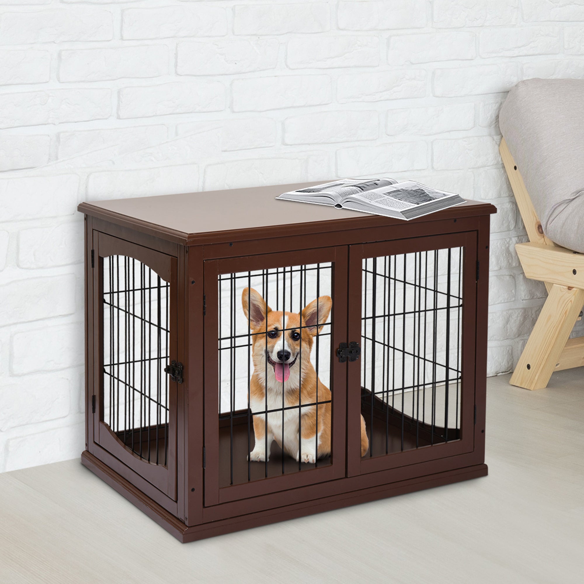 PawHut 66cm Modern Indoor Pet Cage w/ Metal Wire 3 Doors Latches Base Small Animal House Tabletop Crate Decorative Stylish Brown