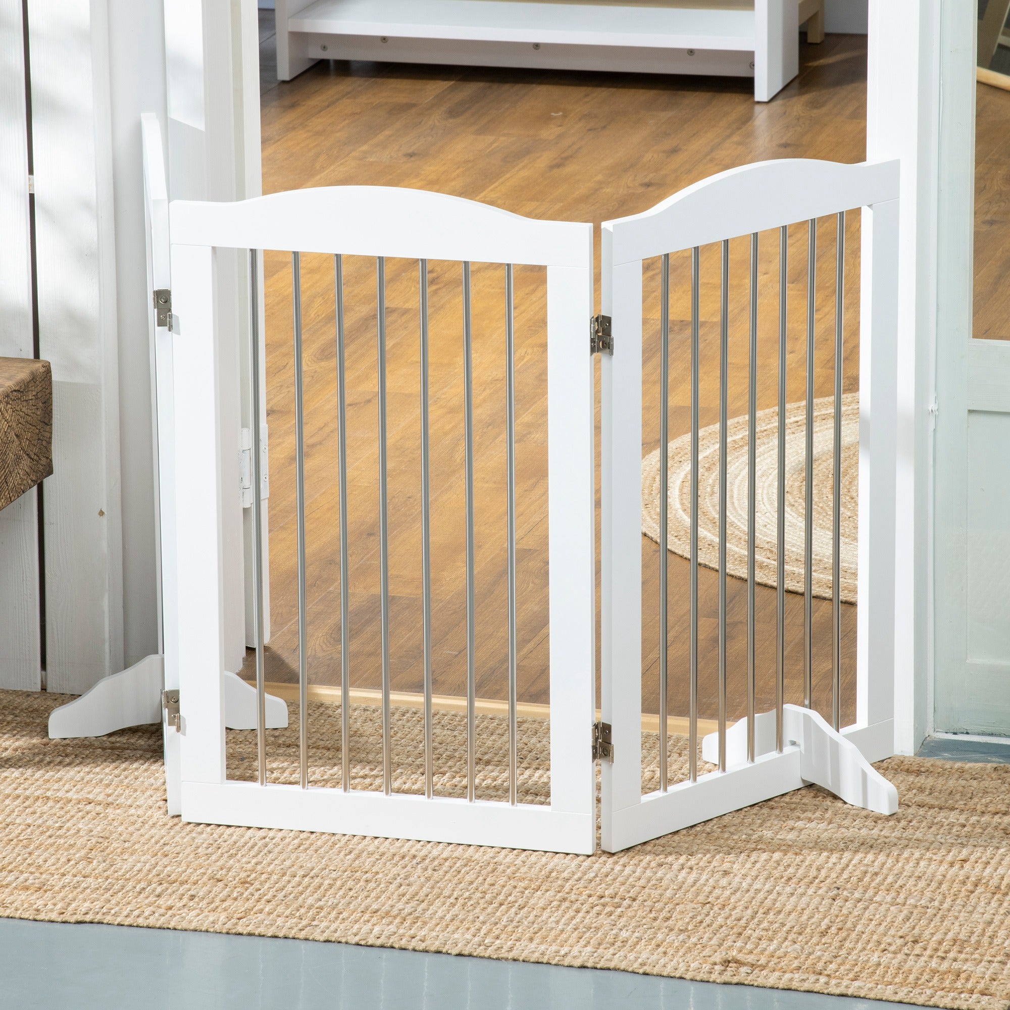PawHut Foldable Dog Gate, Freestanding Pet Gate, with Two Support Feet, for Staircases, Hallways, Doorways - White - North Peak Garden Furniture