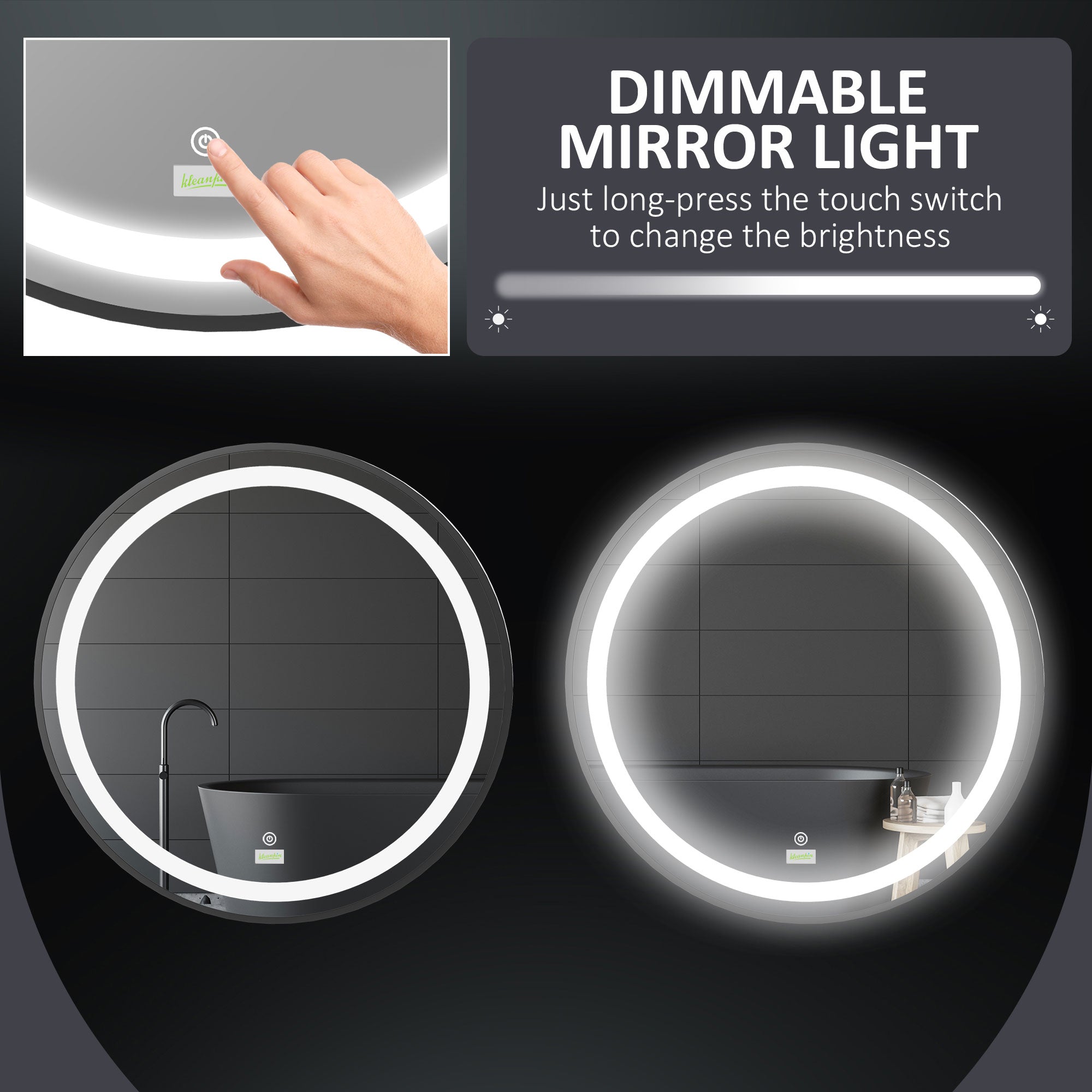 kleankin Round LED Bathroom Mirror, Dimmable Lighted Wall-Mounted Mirror with 3 Temperature Colours, Memory Function, Hardwired - North Peak Garden Furniture